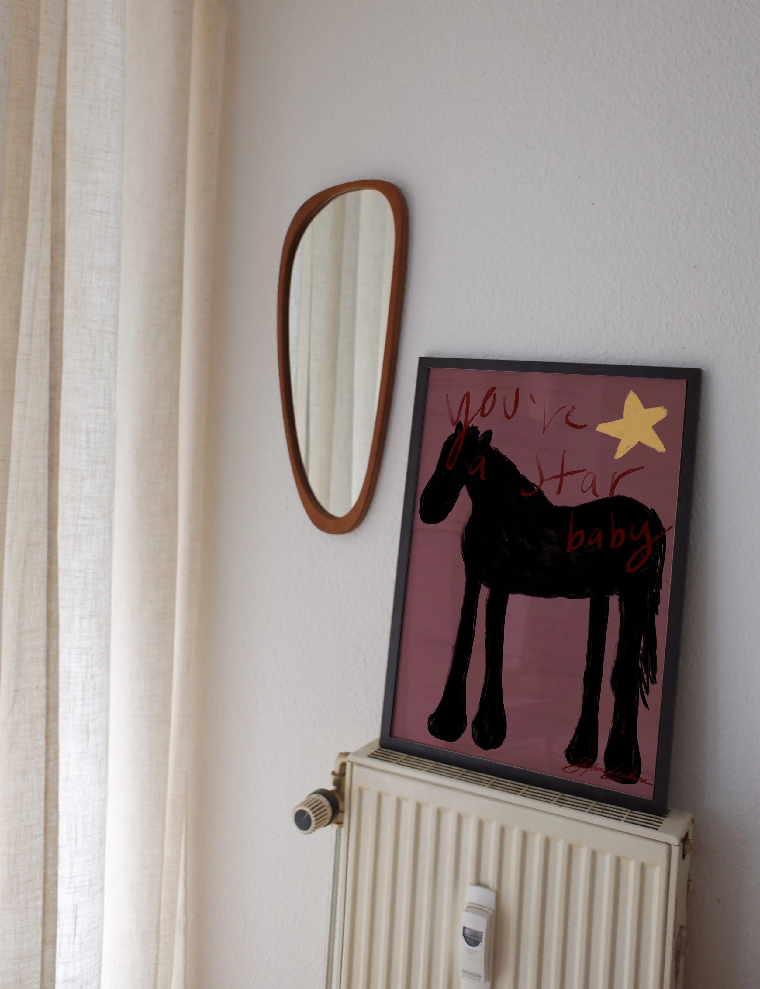 aubergine purple modern western art print featuring a horse and star in chartreuse and aubergine. Oil painting–style modern folk wall art by KunstbyStephie.