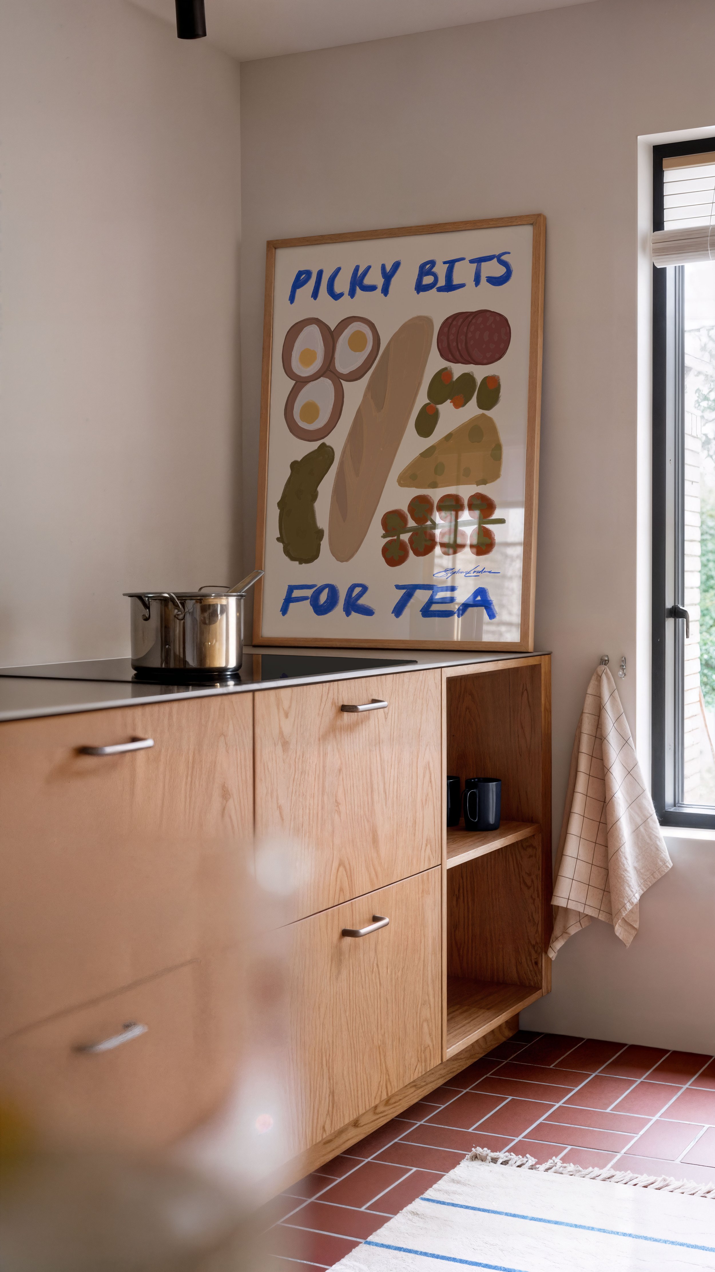 Picky-Bits-for-Tea-Kitchen-art-by-Stephie-Cardona-for-KunstbyStephie--XL-framed-Poster-in-kitchen.jpg