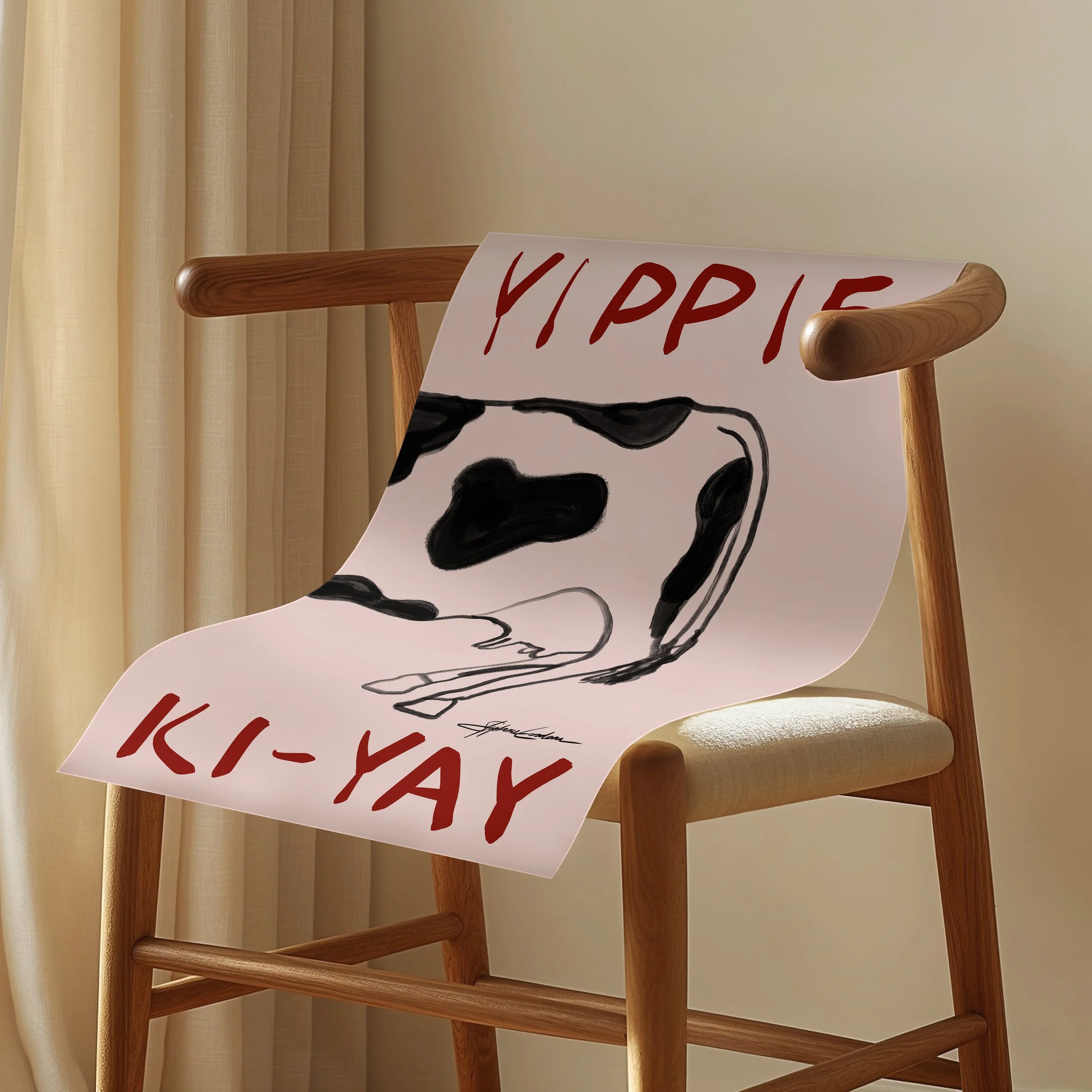 Yippie-Ki-Yay-Cow-Western-Poster--KunstbyStephie-Print-draped-over-MCM-Chair.jpg