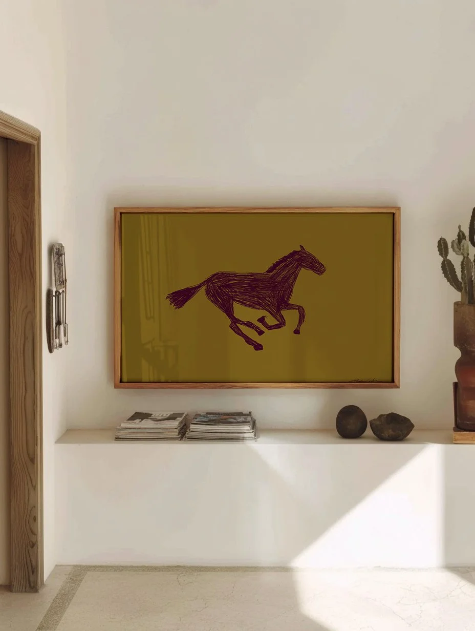 green-and-aubergine-horse--Horizontal-KunstbyStephie-Print-in-Southwest-Modern-Living-Room-Entryway.jpg