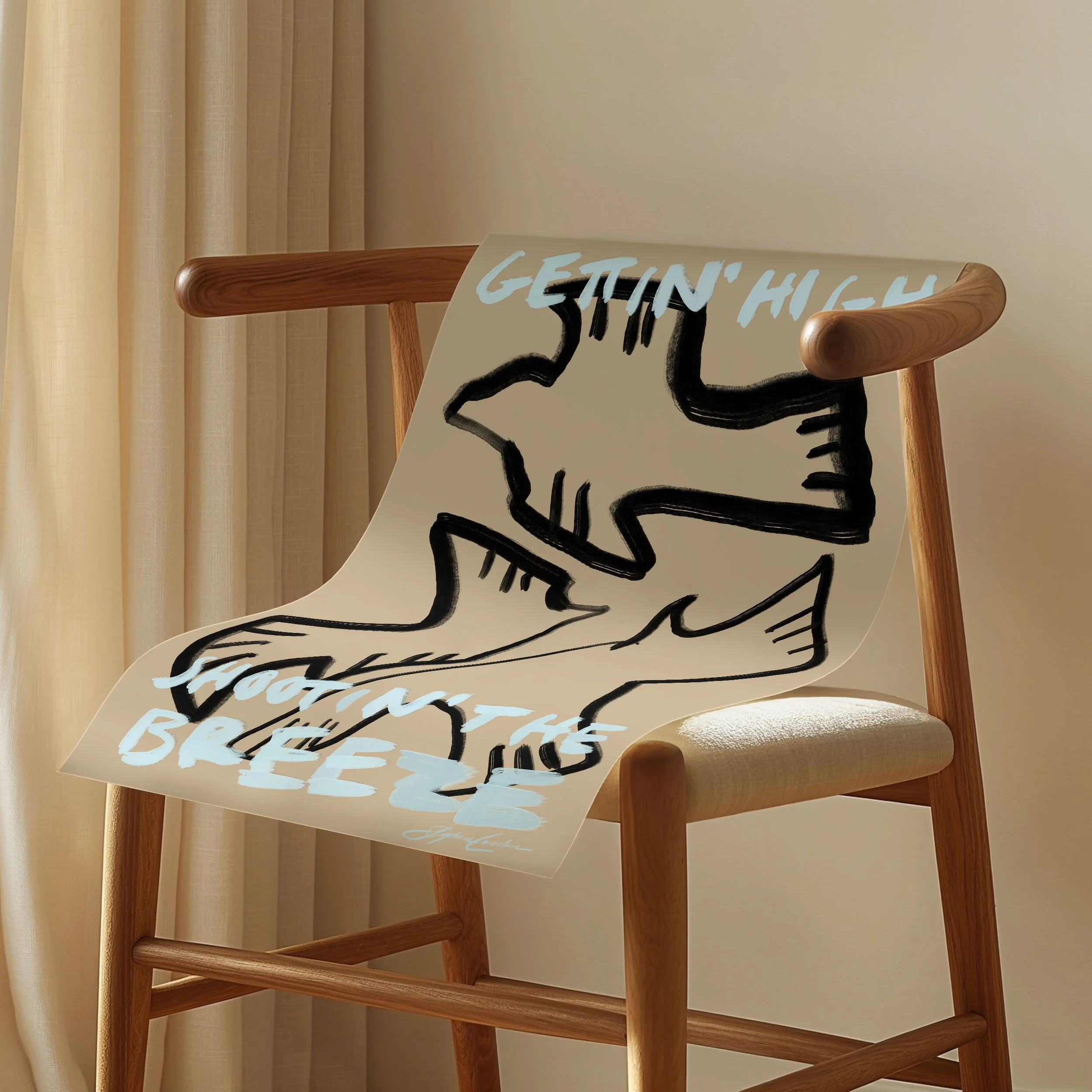 Minimalist typography poster featuring hand-drawn birds in black and beige with pastel blue lettering, poster hanging on a scandi chair