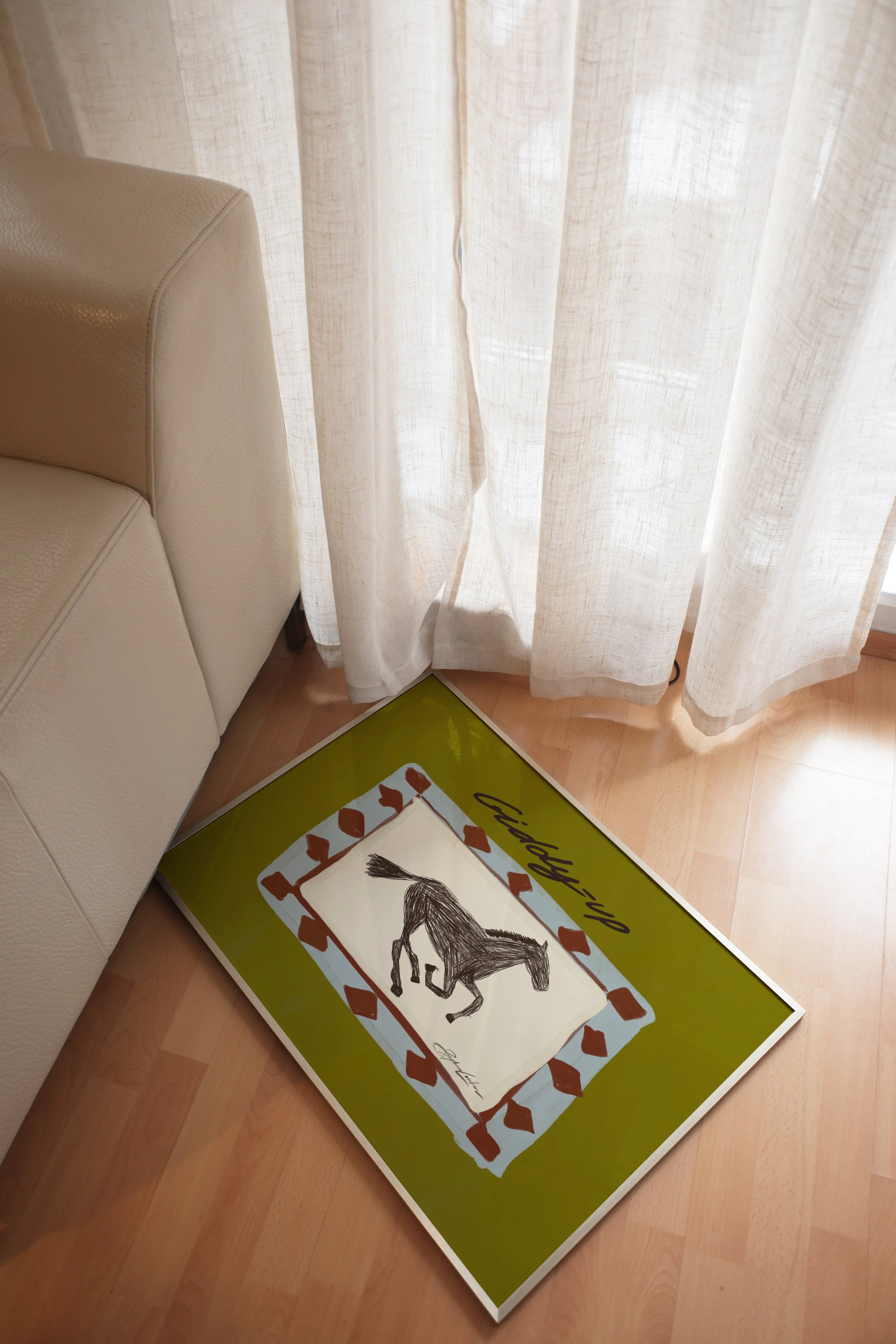 giddyup-horse-chartreuse-Framed-Print-on-the-Floor-with-Linen-Curtains.jpg