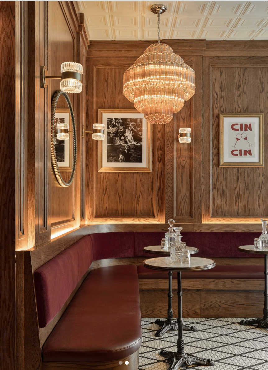 Red "Cin Cin" Wine art print by Stephie Cardona for KunstbyStephie hanging in trendy NYC Cafe Fellini Cafe