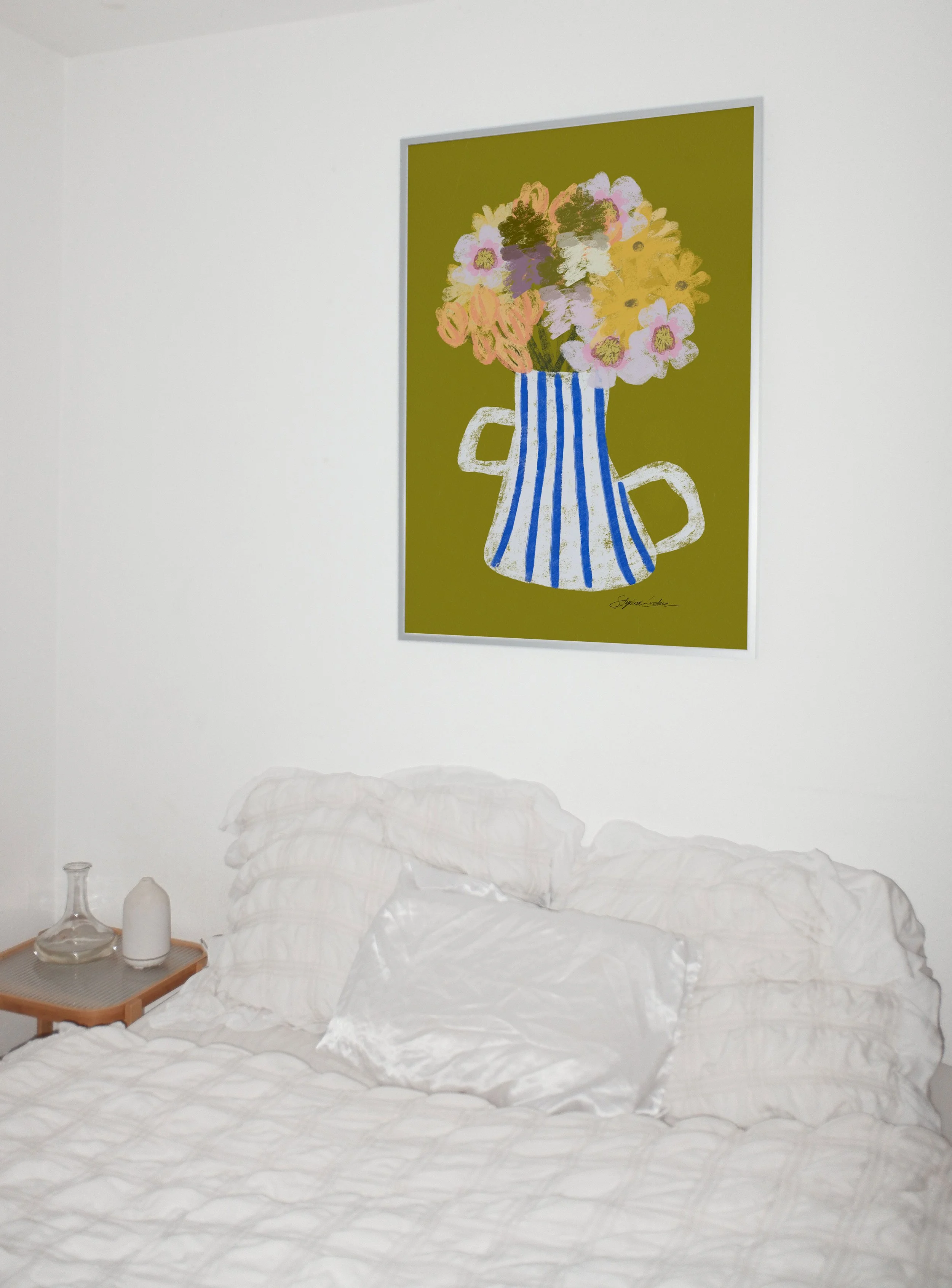 Chartreuse-painted-flowers-wall-art-Above-Bed-Frame-.jpg