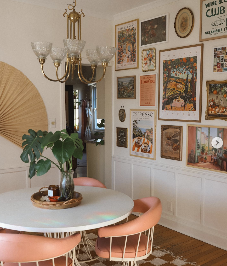 Horizontal "Wine and Cheese" Kitchen art print by Stephie by KunstbyStephie styled in an eclectic gallery wall in a colorful pink dining room