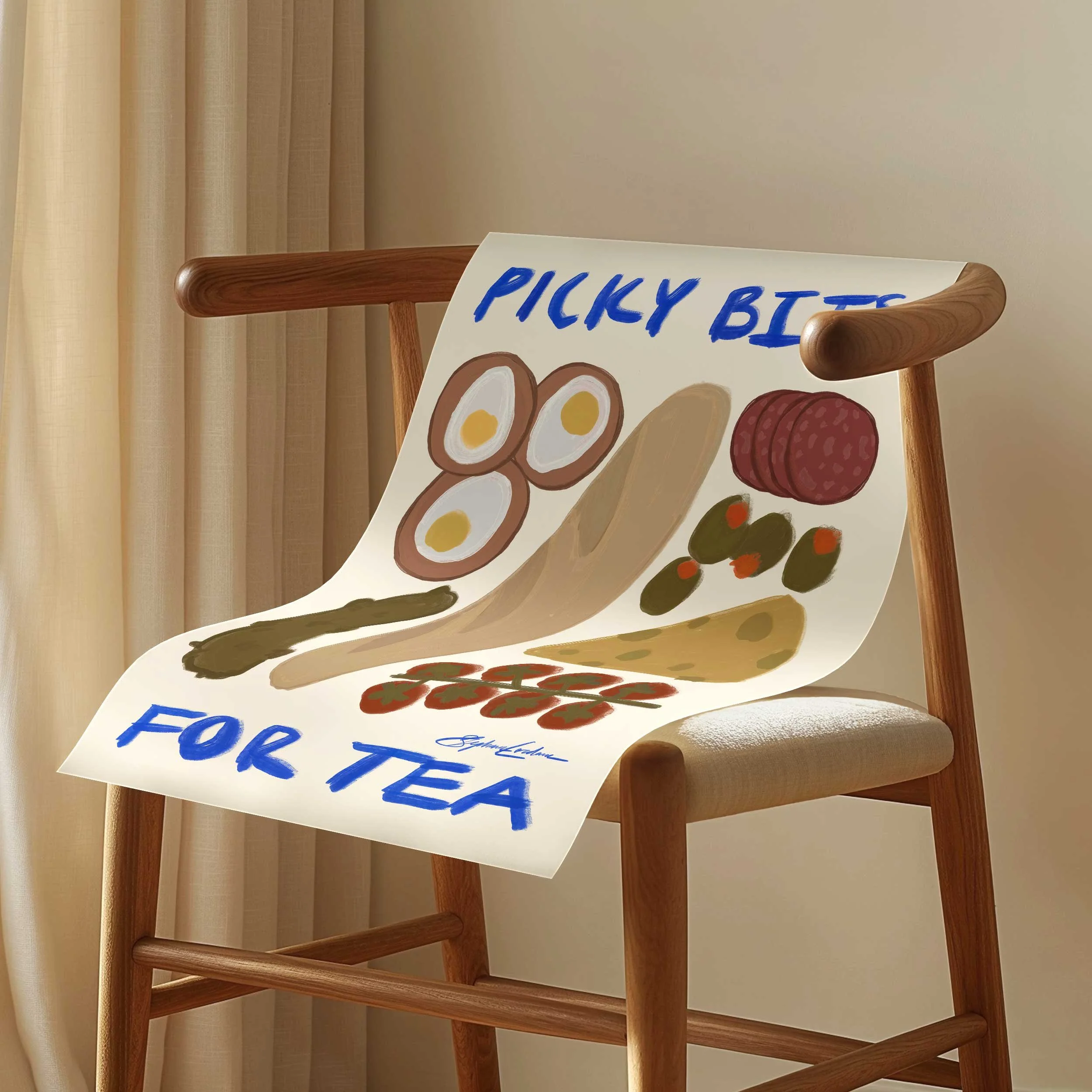 Picky-bits-for-tea-kitchen-print-Poster-by-Stephie-Cardona-KunstbyStephie-hanging-on-MCM-chair.jpg
