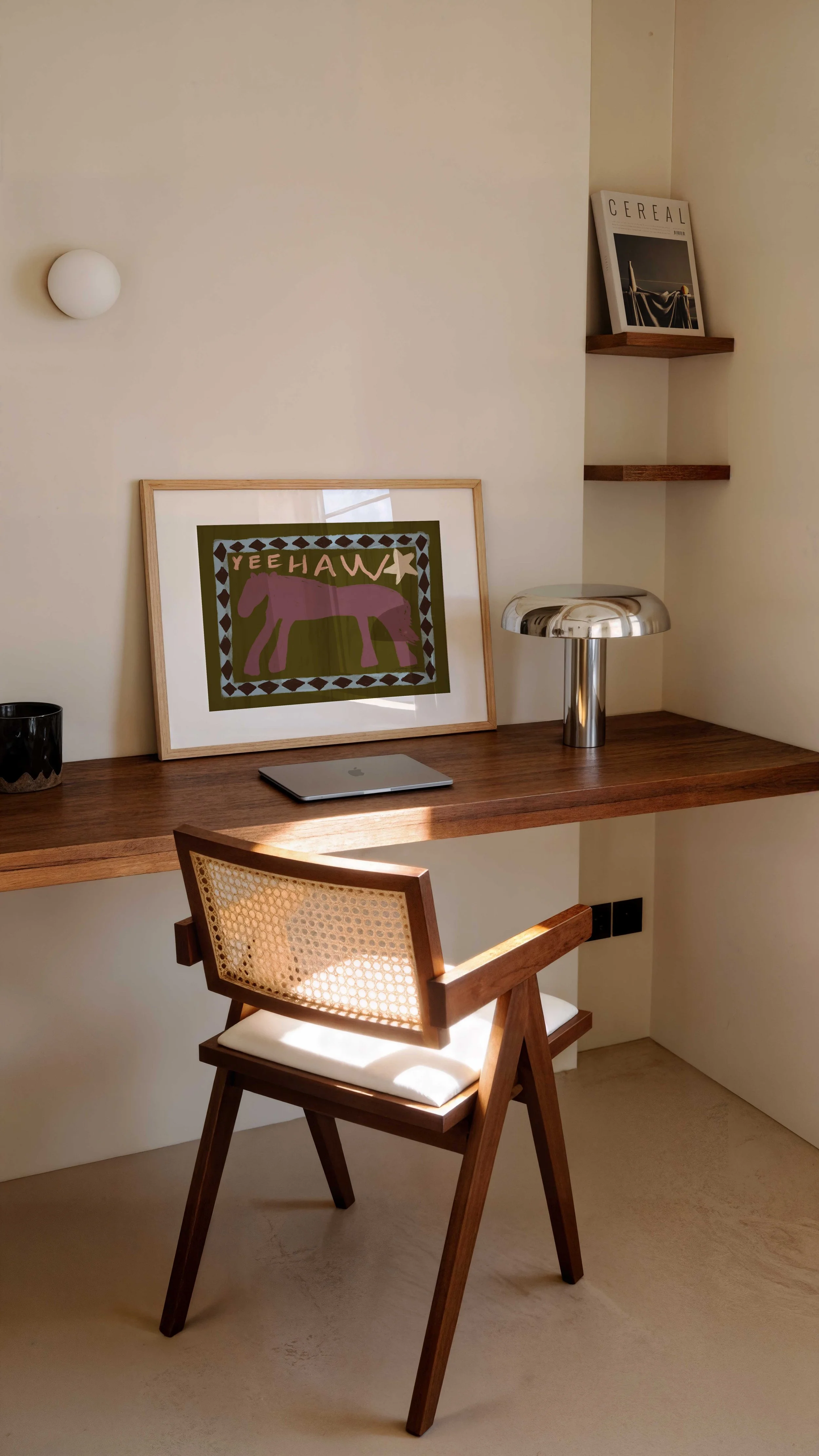 yeehaw-horse-horizontal-western-print-Framed-Print-on-Desk-in-Scandi-Office-with-Chrome-Table-Lampo.jpg