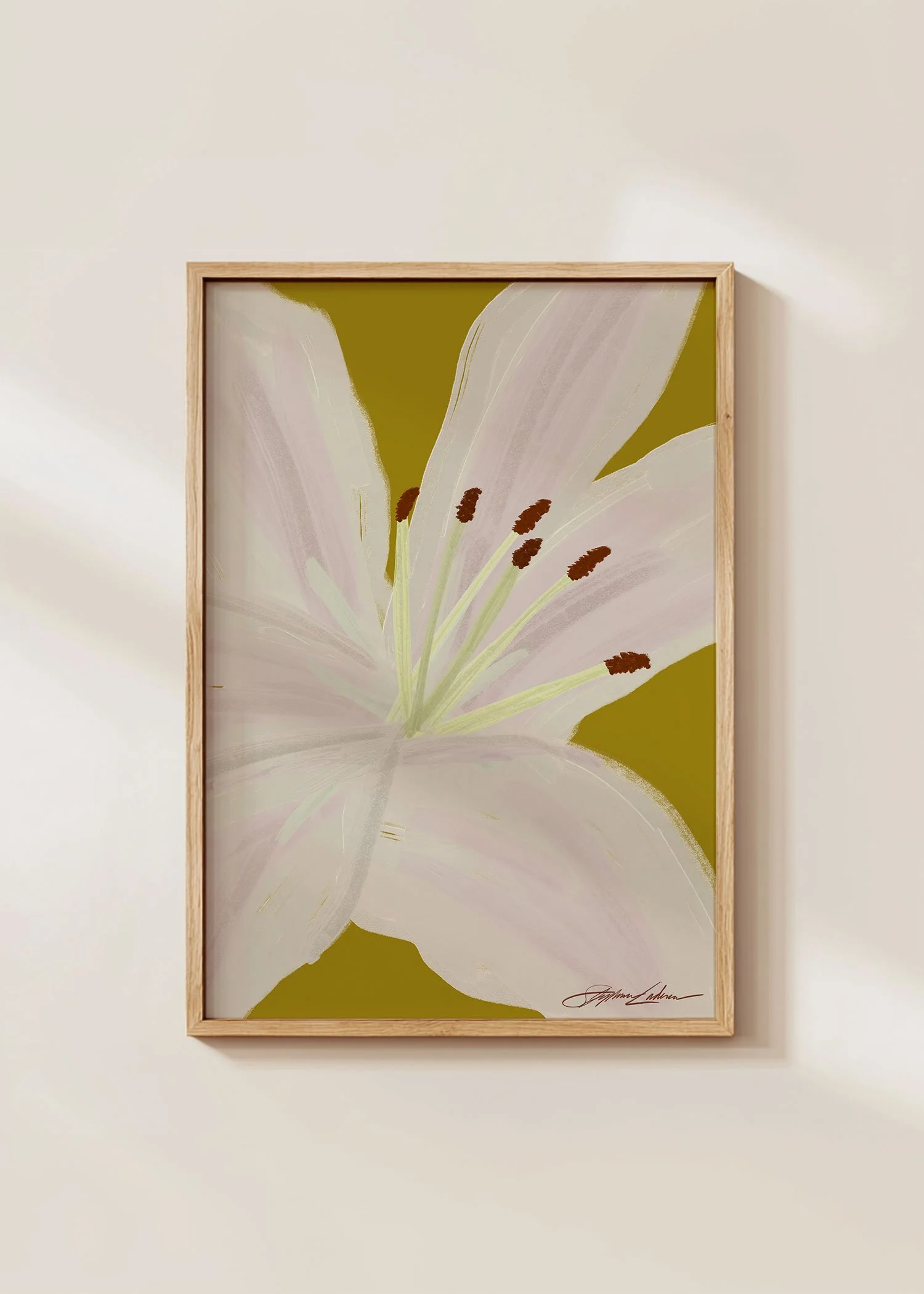 Painted-Lillies-Botanical-Print-Framed-in-Minimalistic-Wall-with-Shadow-on-Print.jpg