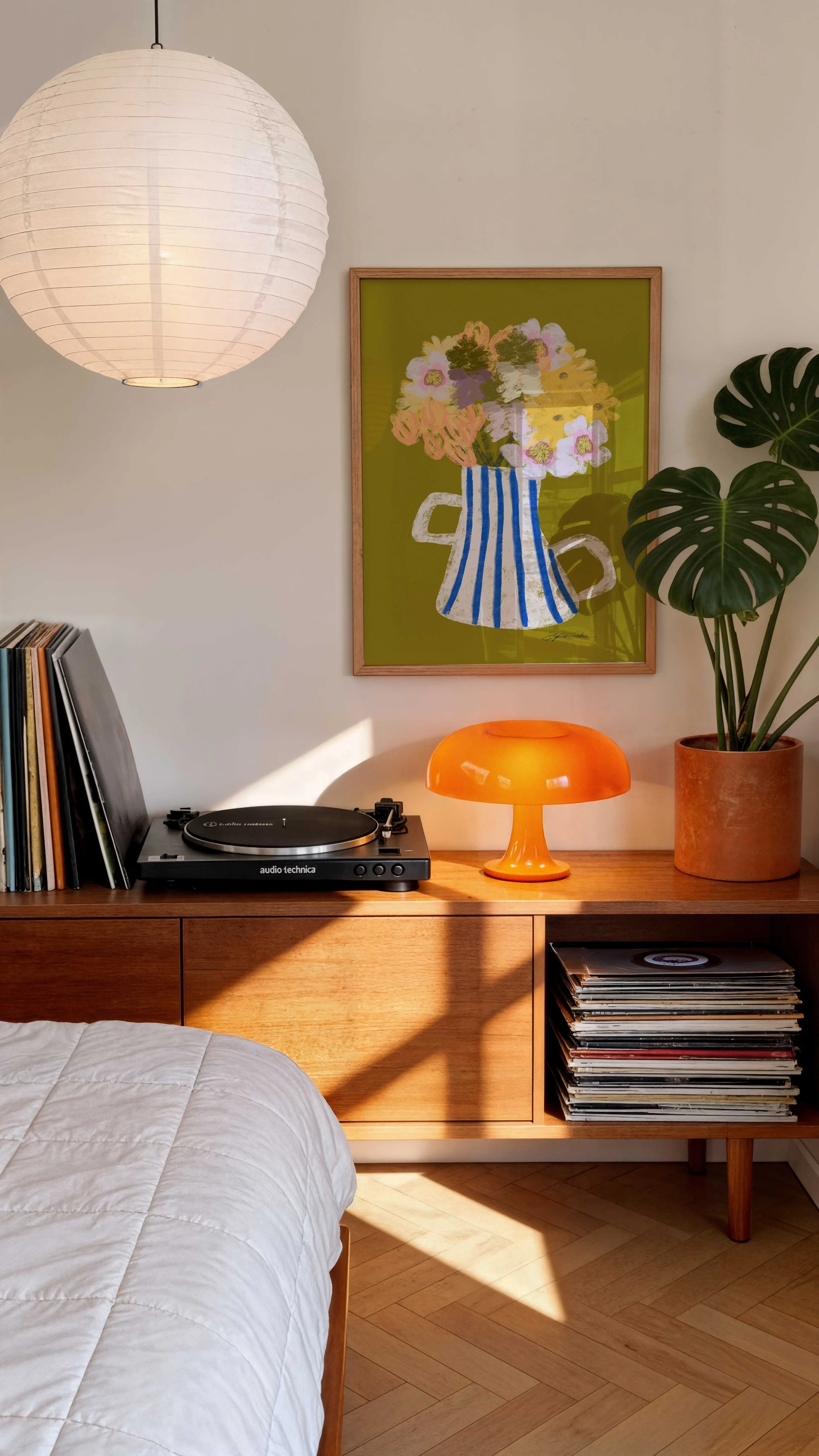 Chartreuse-painted-flowers-wall-art-Framed-Poster-in-a-Modern-Trendy-Bedroom-with-Orange-Lamp-and-Vinyls.jpg