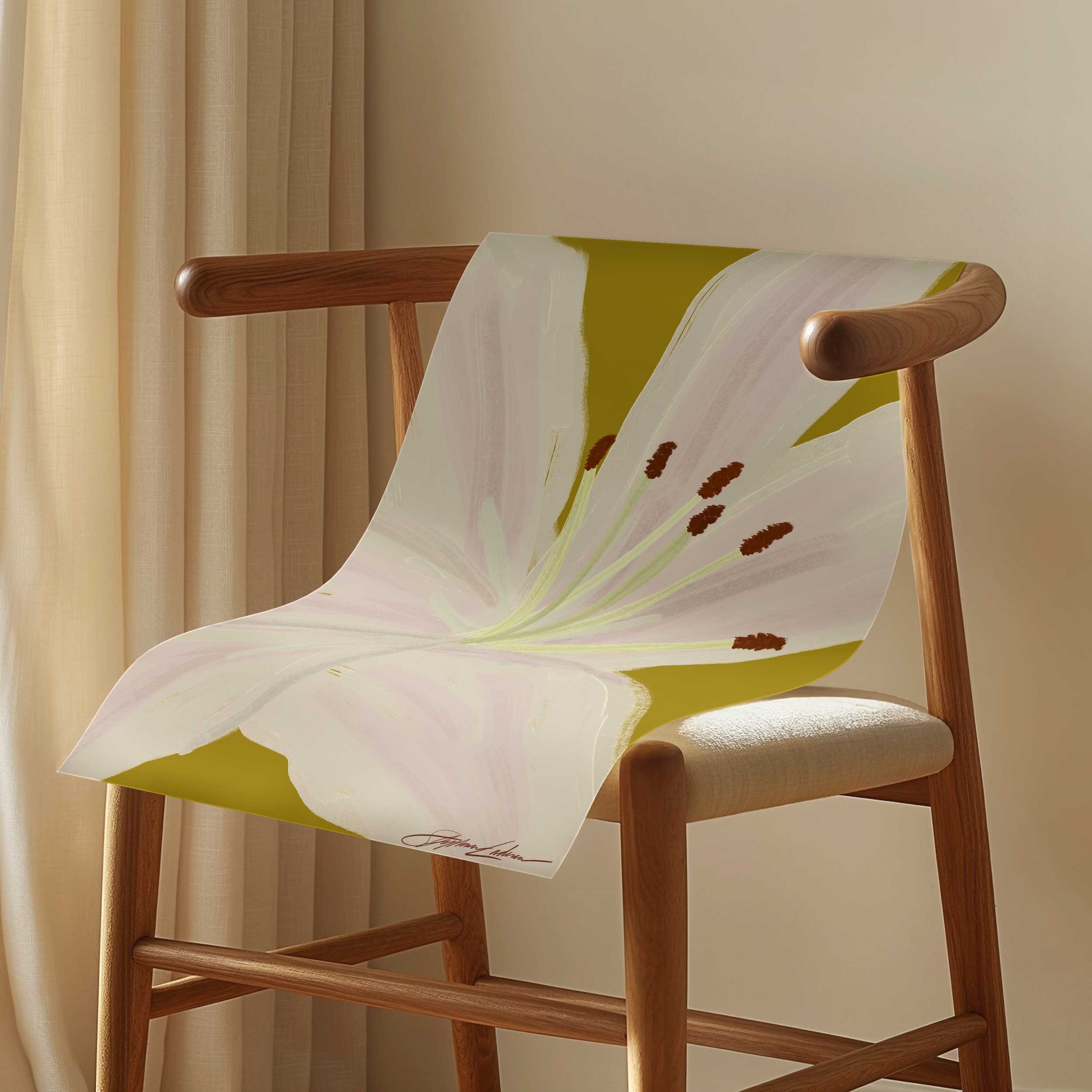 Painted-Lillies-Botanical-Print-Poster-by-Stephie-Cardona-KunstbyStephie-hanging-on-MCM-chair.jpg