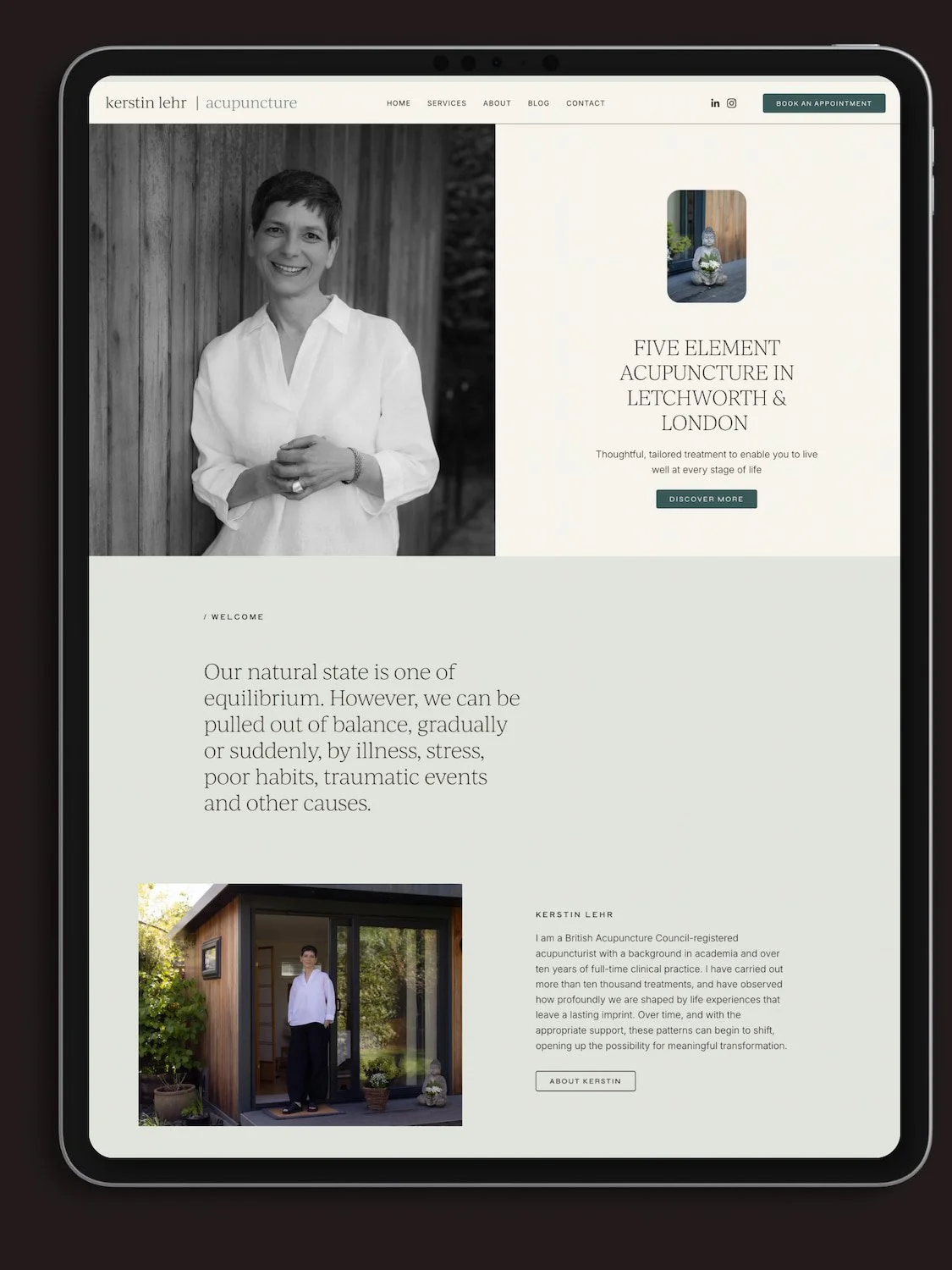 ipad mock up of a therapist website in soft cream and green