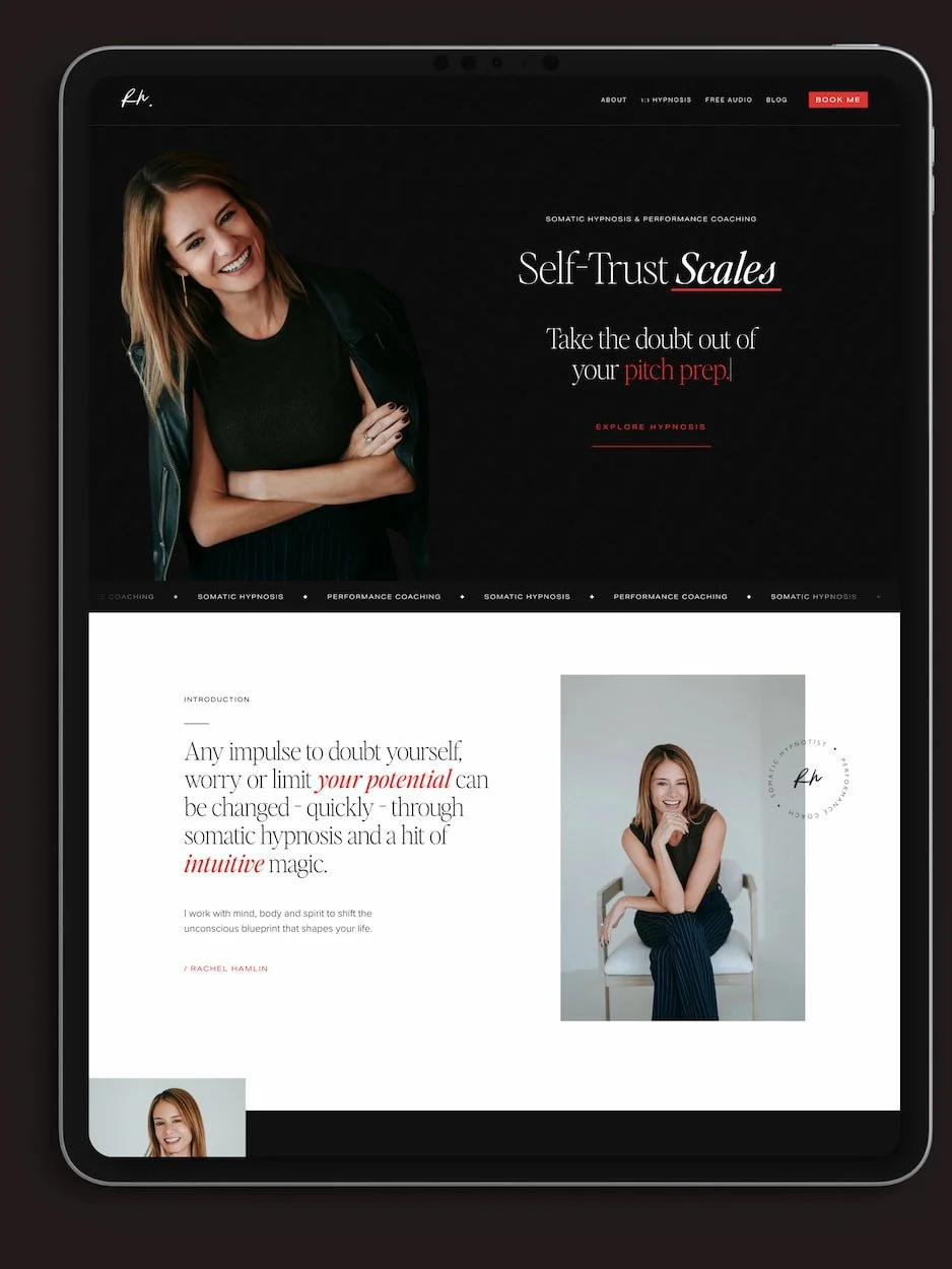 mock up of an ipad showing a bold red and black website for a consultant