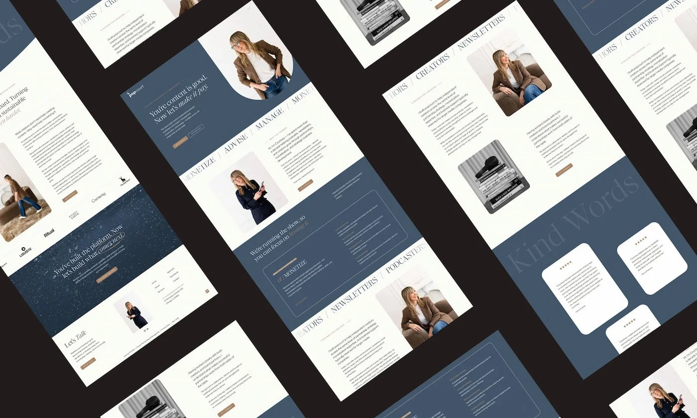 flatlay mock up of a coaching website in blue and cream