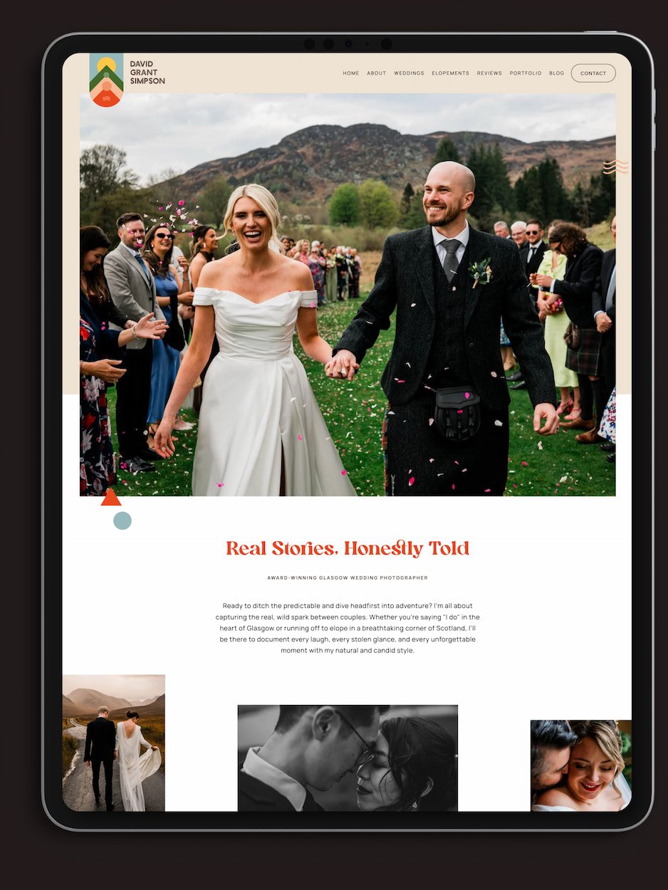 iPad mockup of a Squarespace website for a Scotland-based wedding photographer