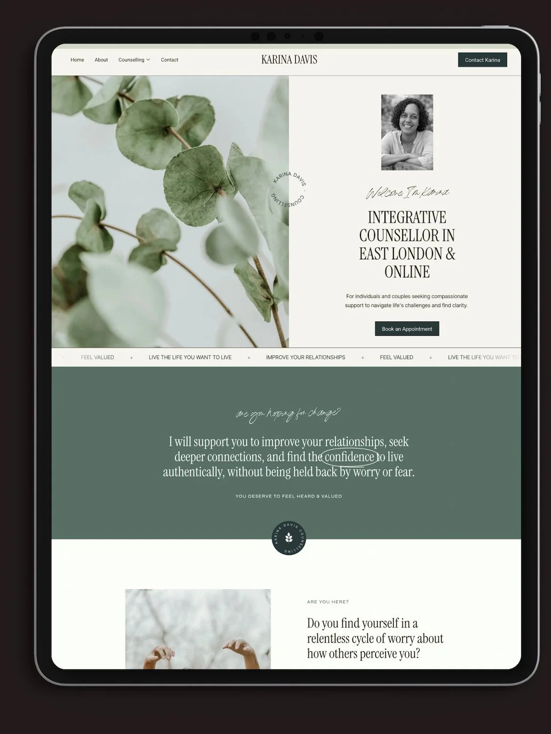 mock up of an ipad showing a green and cream website for a counsellor