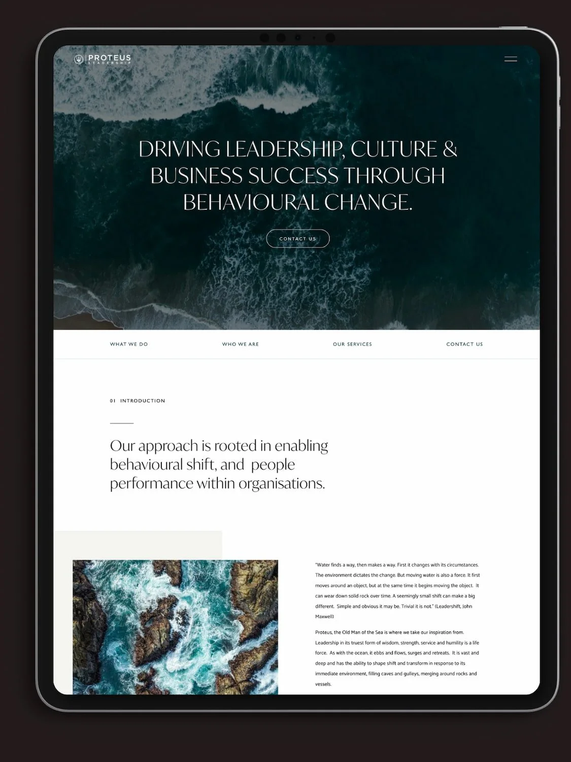 ipad mock up of a coaching website showing ocean photography