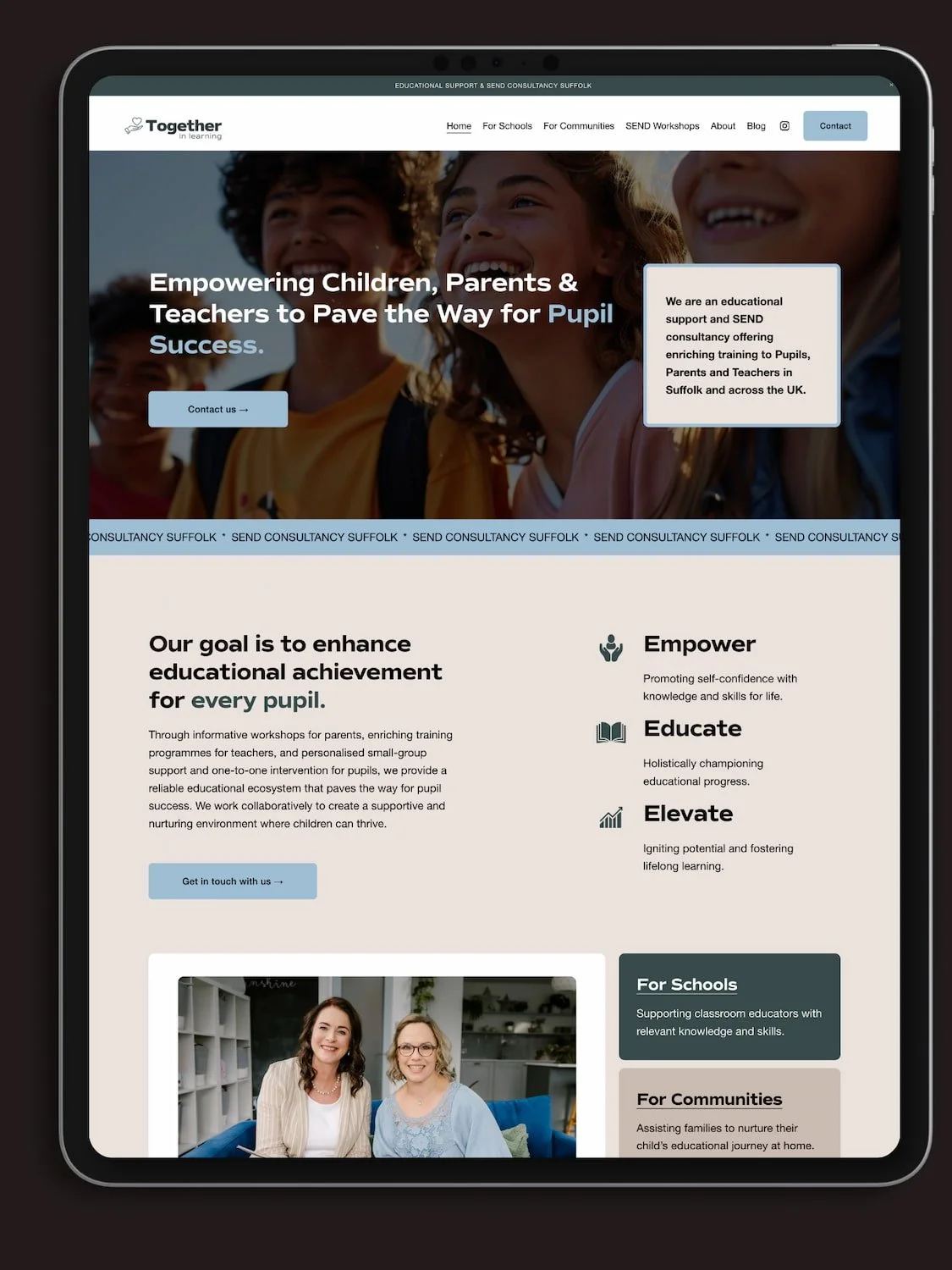 ipad mock up showing educational consultancy website with photos of children
