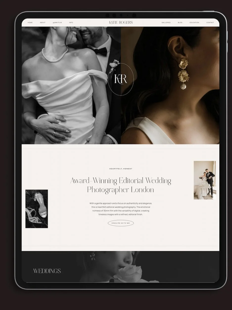 iPad mockup of a Squarespace website for an award-winning London wedding photographer