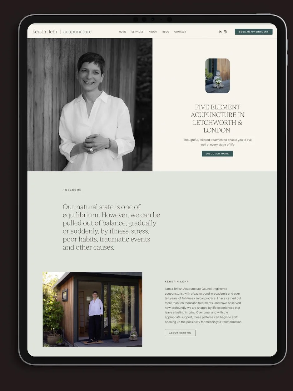 iPad mockup of a Squarespace website for an acupuncturist