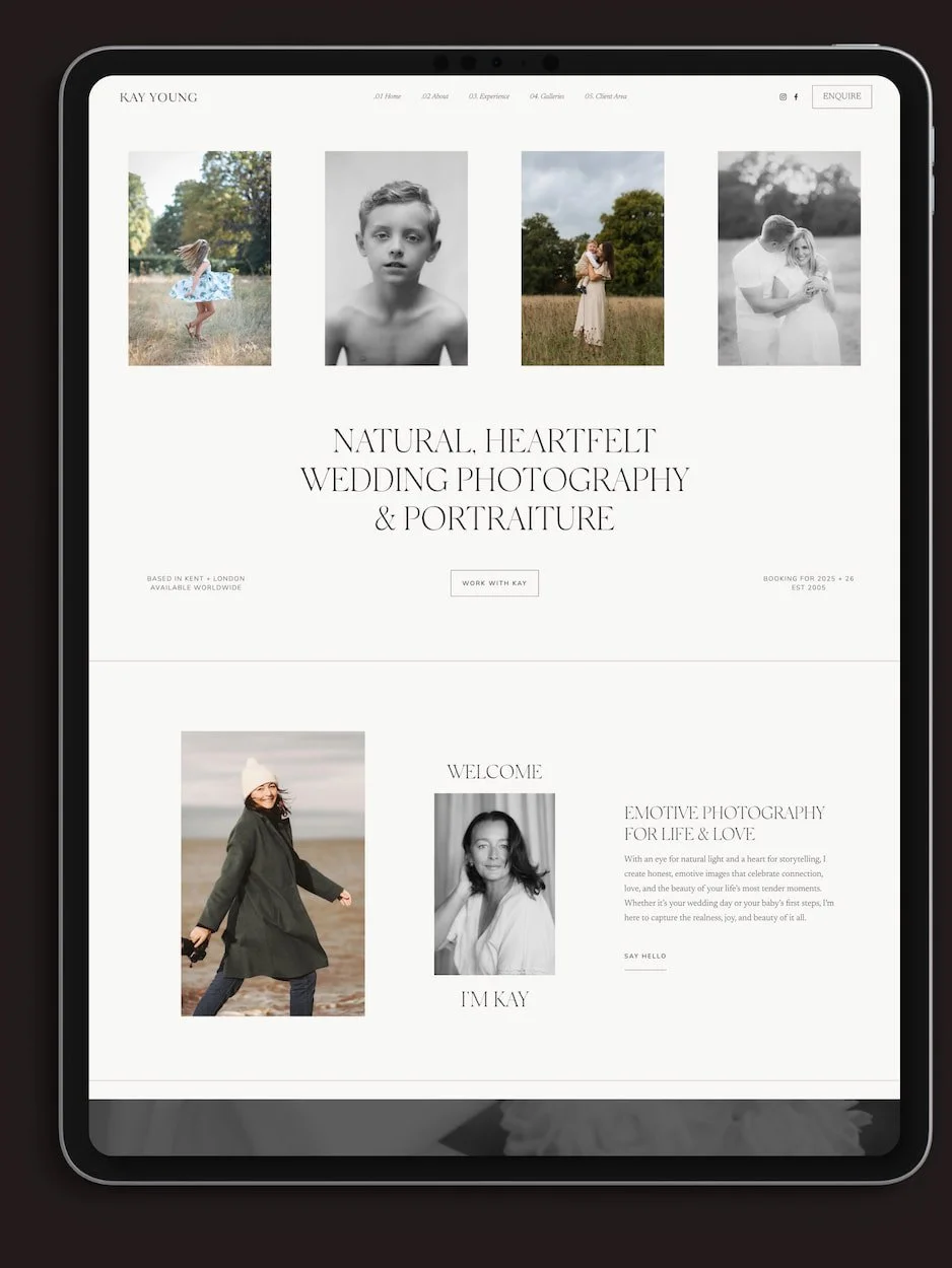 iPad mockup of a Squarespace website for a fine art wedding and family photographer