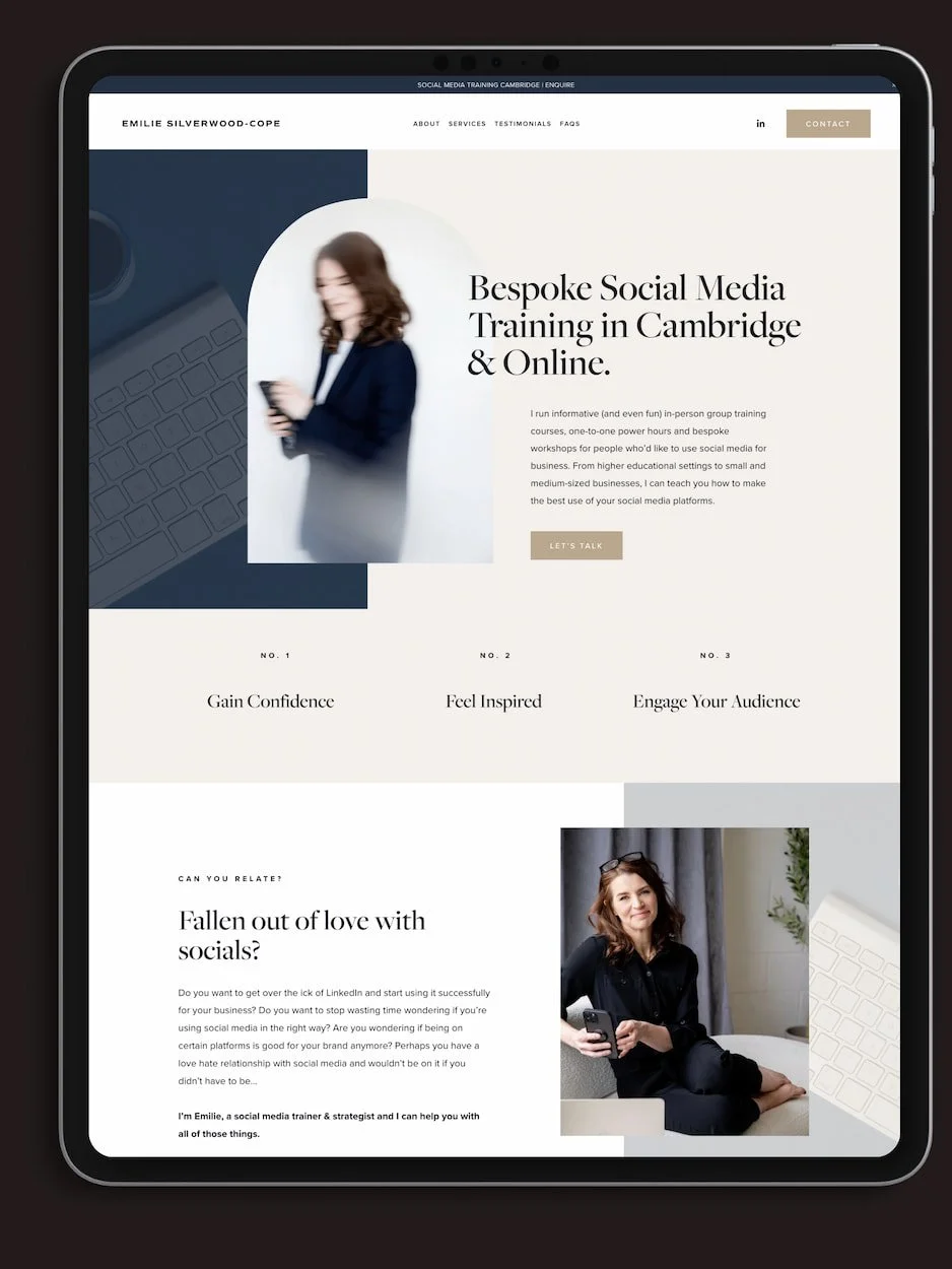 iPad mockup of a one-page Squarespace website for a Cambridge social media trainer