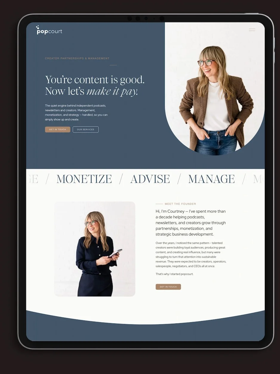 iPad mockup of a Squarespace website for a podcast management consultant