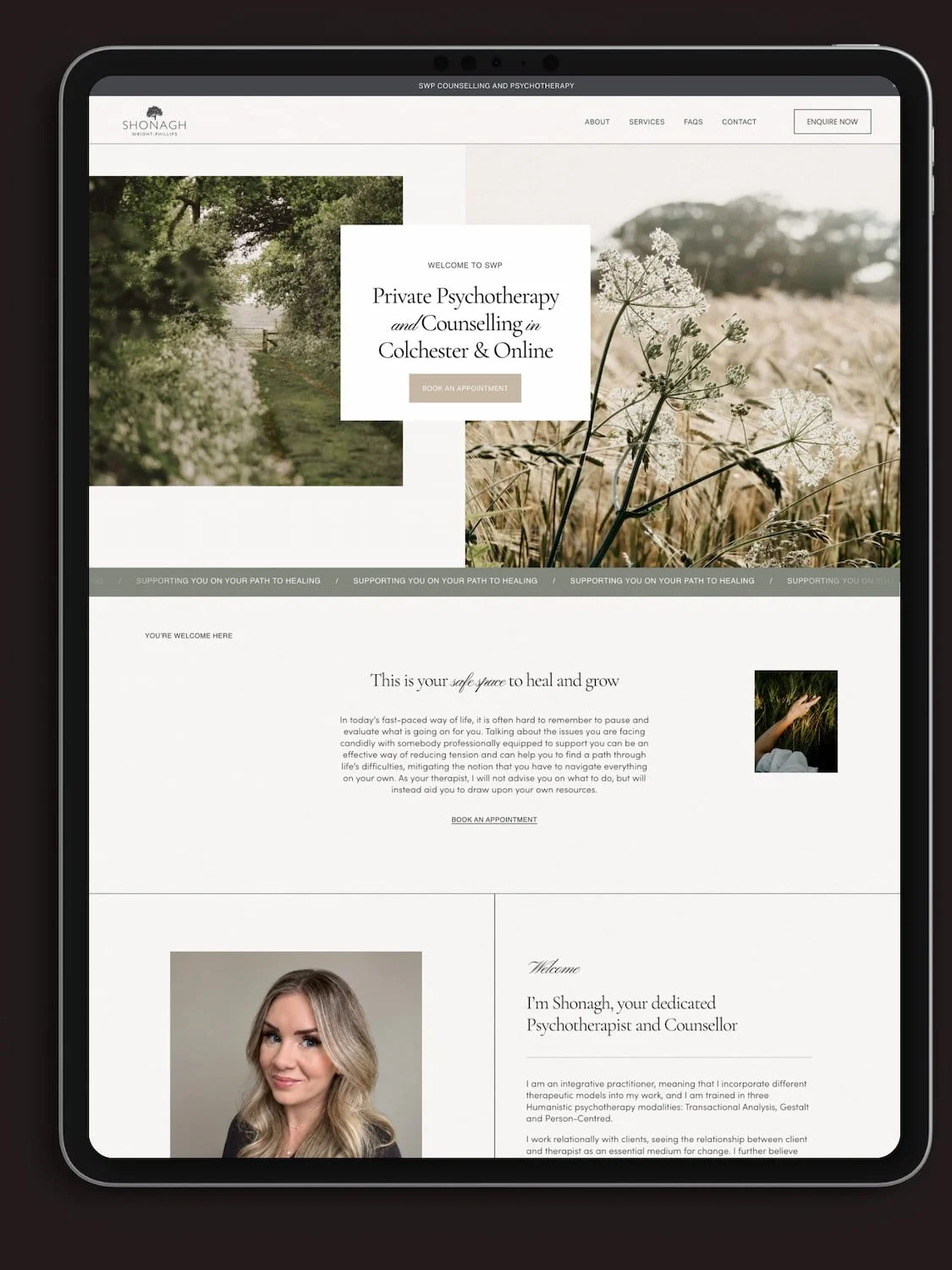 ipad mock up showing a website for a counsellor with photos of fields