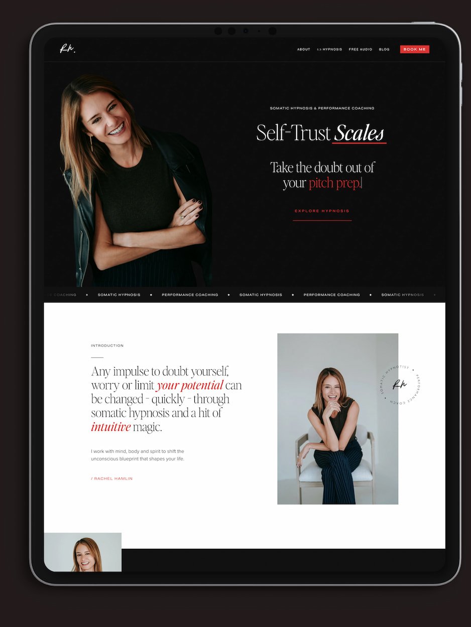 iPad mockup of a Squarespace website for a somatic hypnotist and performance coach