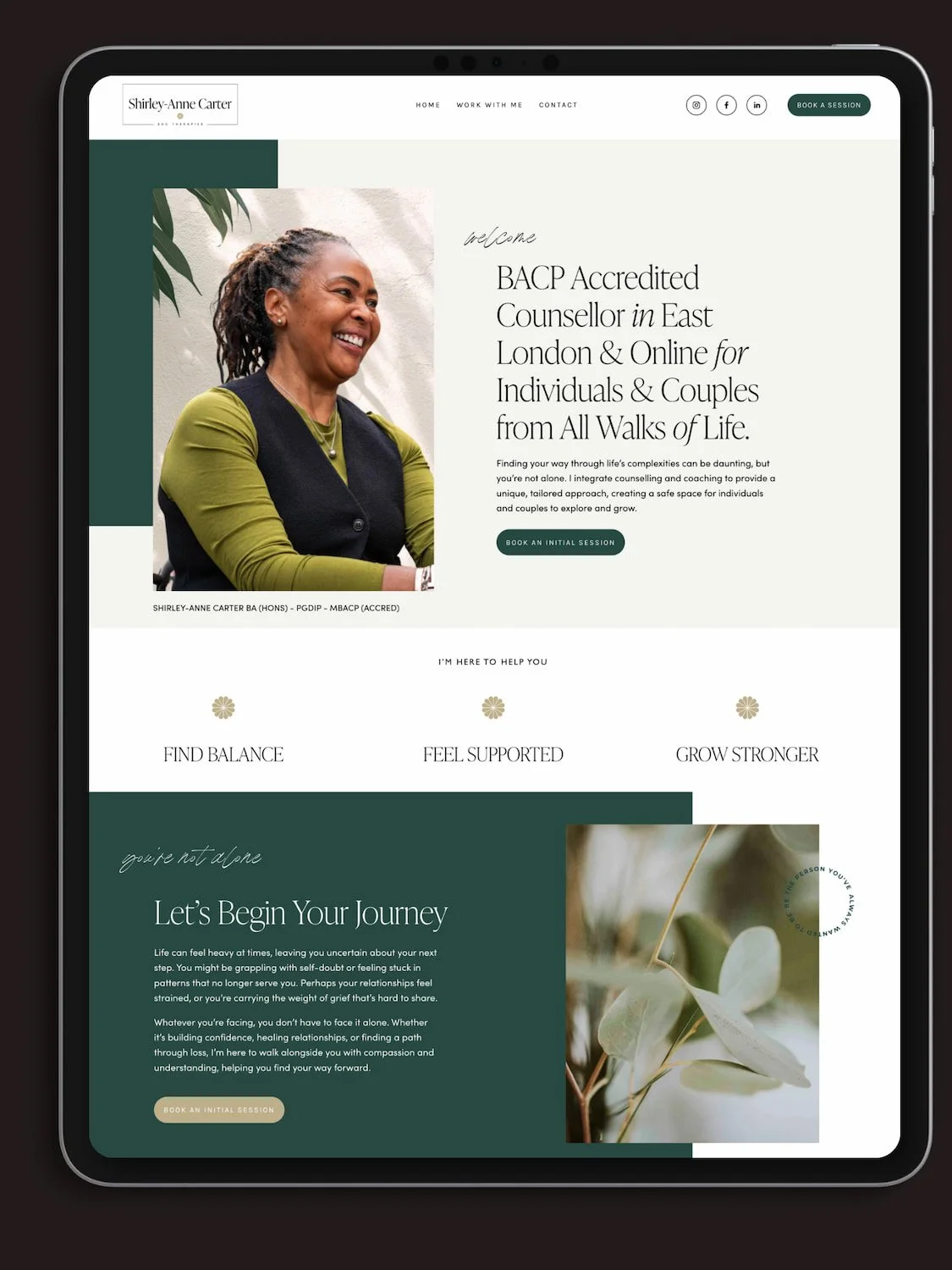 ipad mockup showing a website for a therapist with green palette and images of nature 