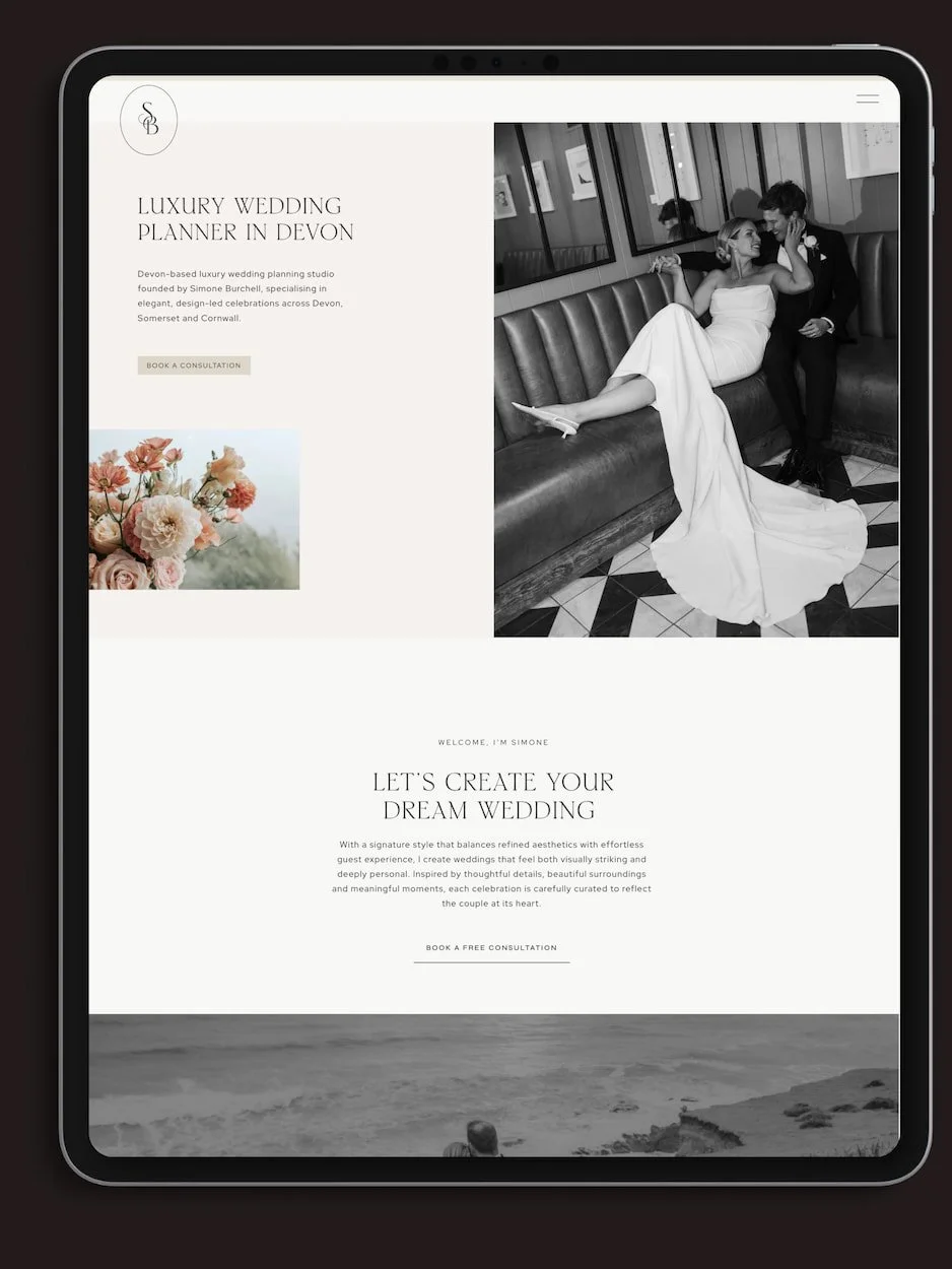 iPad mockup of a one-page Squarespace website for a luxury wedding planner