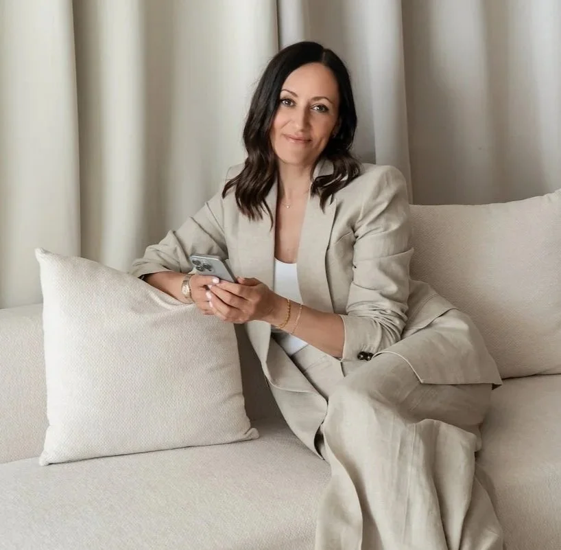 Squarespace designer clare butler wearing a linen suit