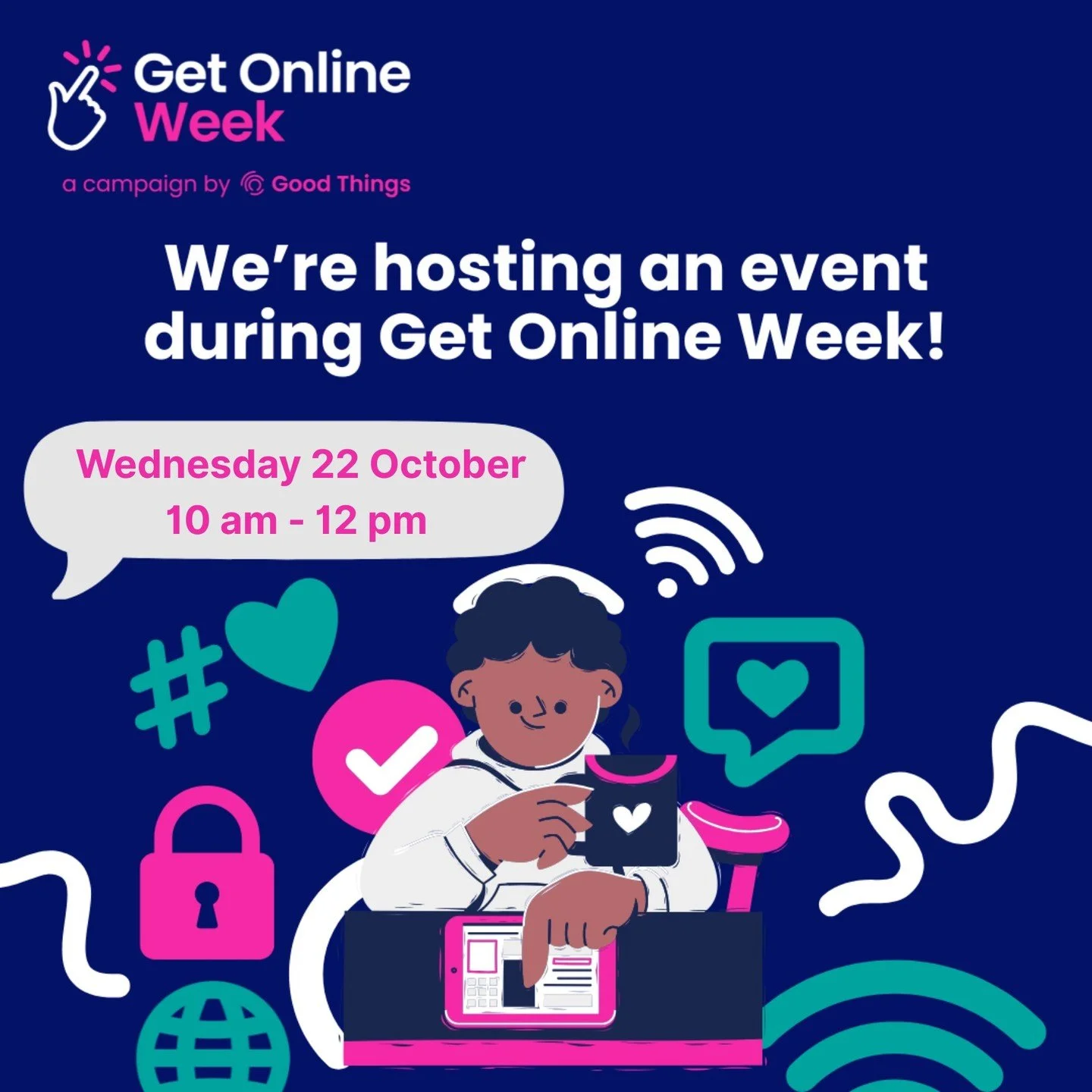 We are proud to support @goodthingsfdn, Get Online Week with our Techy Tea Party.

📱 Join us to for a talk, tech, free tea and cake and discover the benefits of being online and build your confidence using technology.

Access our Wi-fi, tablets, cha