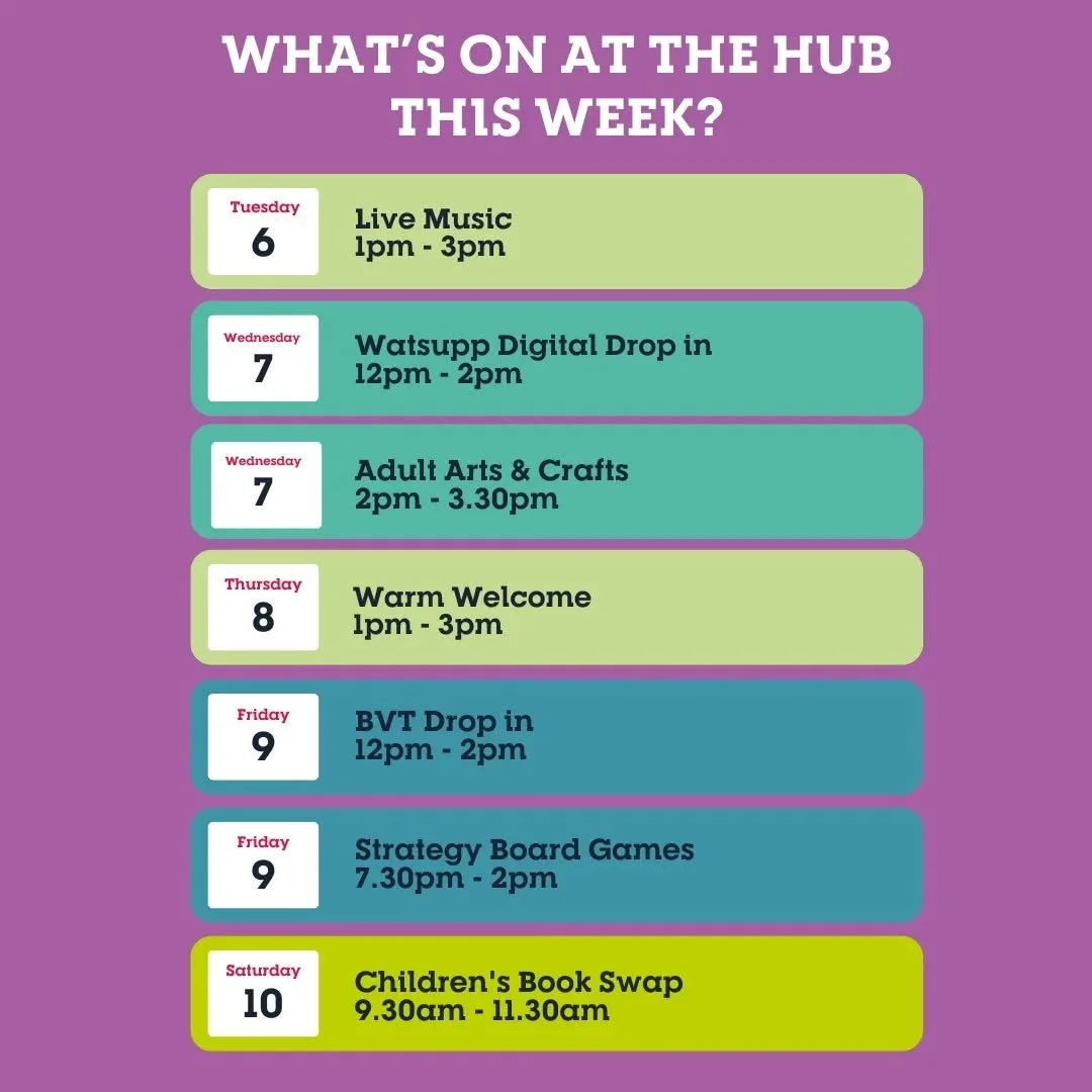 We're back and here's WHAT'S ON this week so come and warm up here at the Hub #community #whatson #digital #advice #events @bournvillevillage