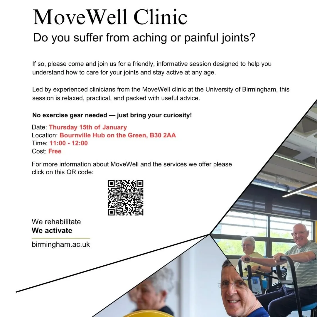 Suffering with achy joints? Join @unibirmingham MoveWell Team here at the Hub for an informative session design to help you care for you joints and stay active. Thu 15 Jan

#wellbeing #community #joints