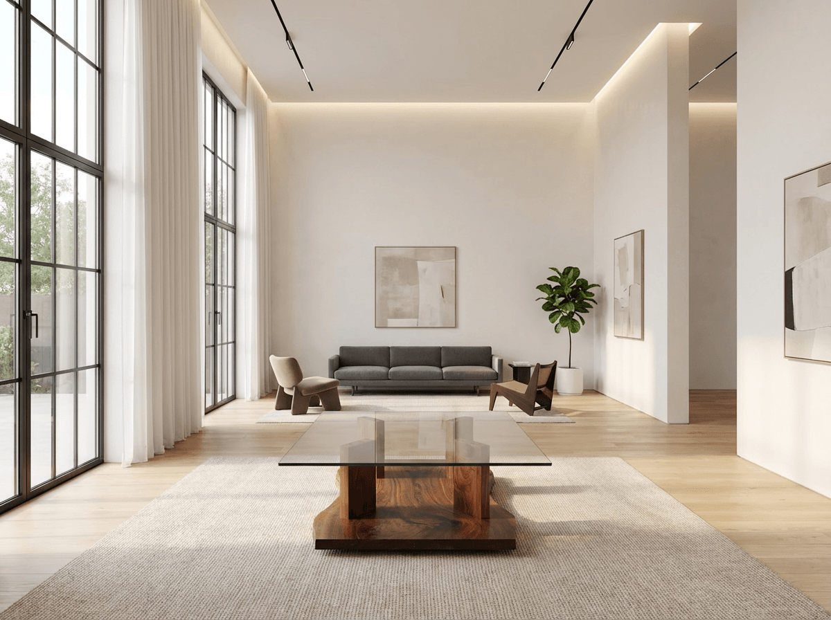 Minimalist living room with large windows, white walls, wooden flooring, a gray sofa, two armchairs, abstract art on the walls, a glass top coffee table, and a potted plant.