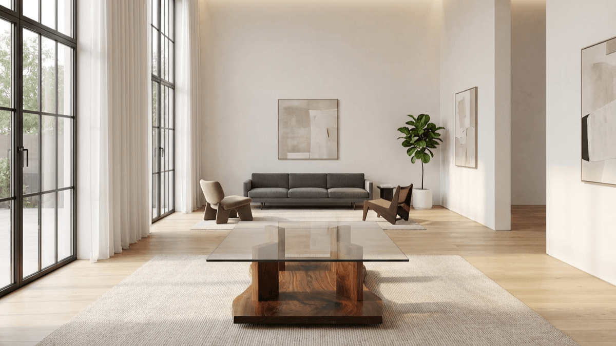 Modern living room with large windows, a gray sofa, an armchair, a wooden and glass coffee table, abstract artwork on the walls, and a tall potted plant.