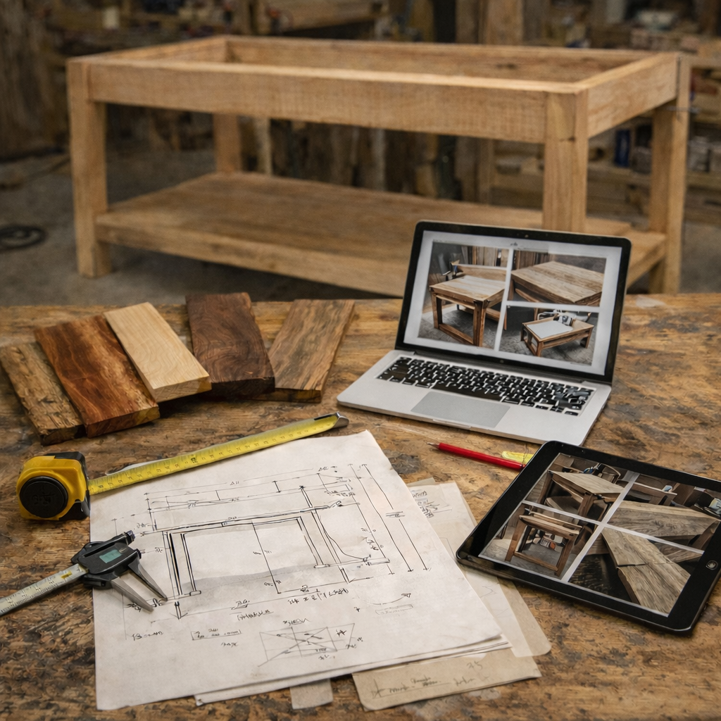 A woodworking workspace with wooden boards, a tape measure, a drawing of a table design, a red pen, a tablet, a laptop displaying images of furniture, and a partially assembled wooden table in the background.