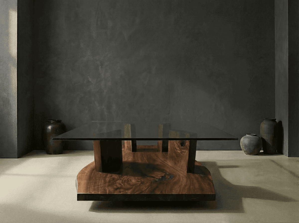 Modern coffee table with a wooden base and glass top in front of a dark wall, with three decorative vases placed on the floor behind it.