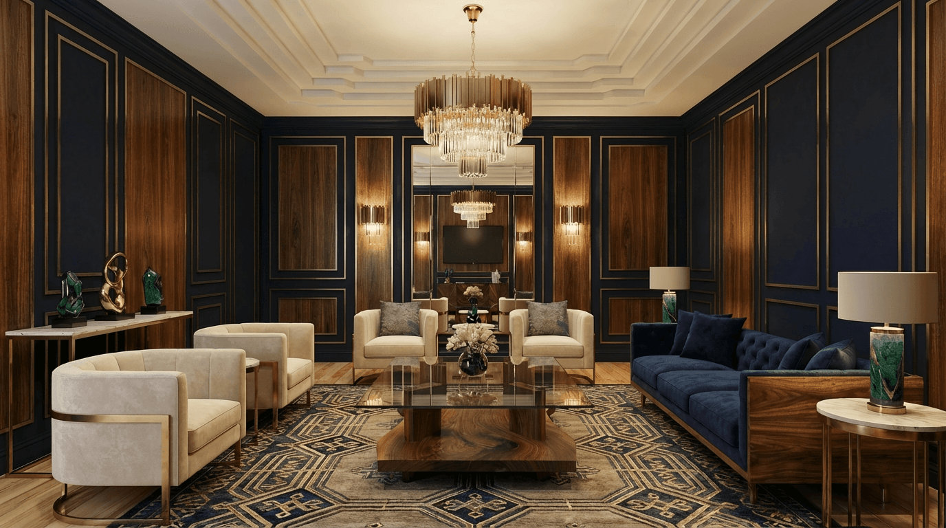 Elegant living room with dark blue paneled walls, wooden accents, chandelier, and plush seating including a navy sofa, cream armchairs, and decorative pillows. A marble and wood coffee table is in the center, and lamps and art pieces are positioned around the room.