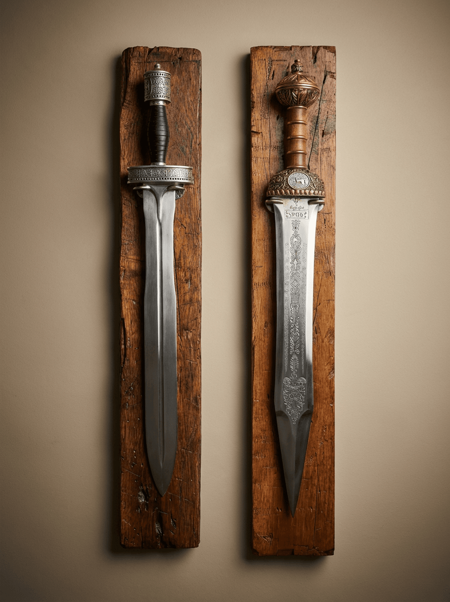 Two decorative swords mounted on wooden plaques on a beige wall.