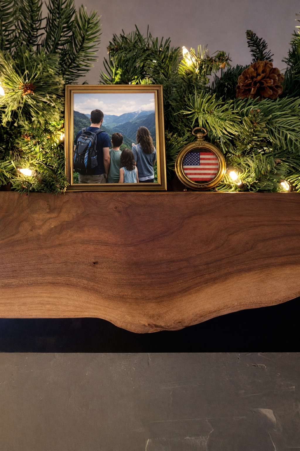 Decorative holiday display on a custom mantle designed using walnut wood, black epoxy , resting on a microcement bassurrounded by green foliage, pinecones, warm string lights, and an American flag pocket watch. Depicts first step of furnitire making
