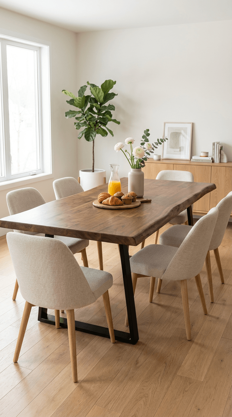 A dining room with a wooden table surrounded by six beige upholstered chairs. On the table, there are a pitcher of orange juice, a wooden tray with croissants and muffins, and two vases with flowers. There is a large window on the left and a wooden sideboard with decorative items, framed artwork, and books against the back wall. A tall potted plant is positioned near the window.