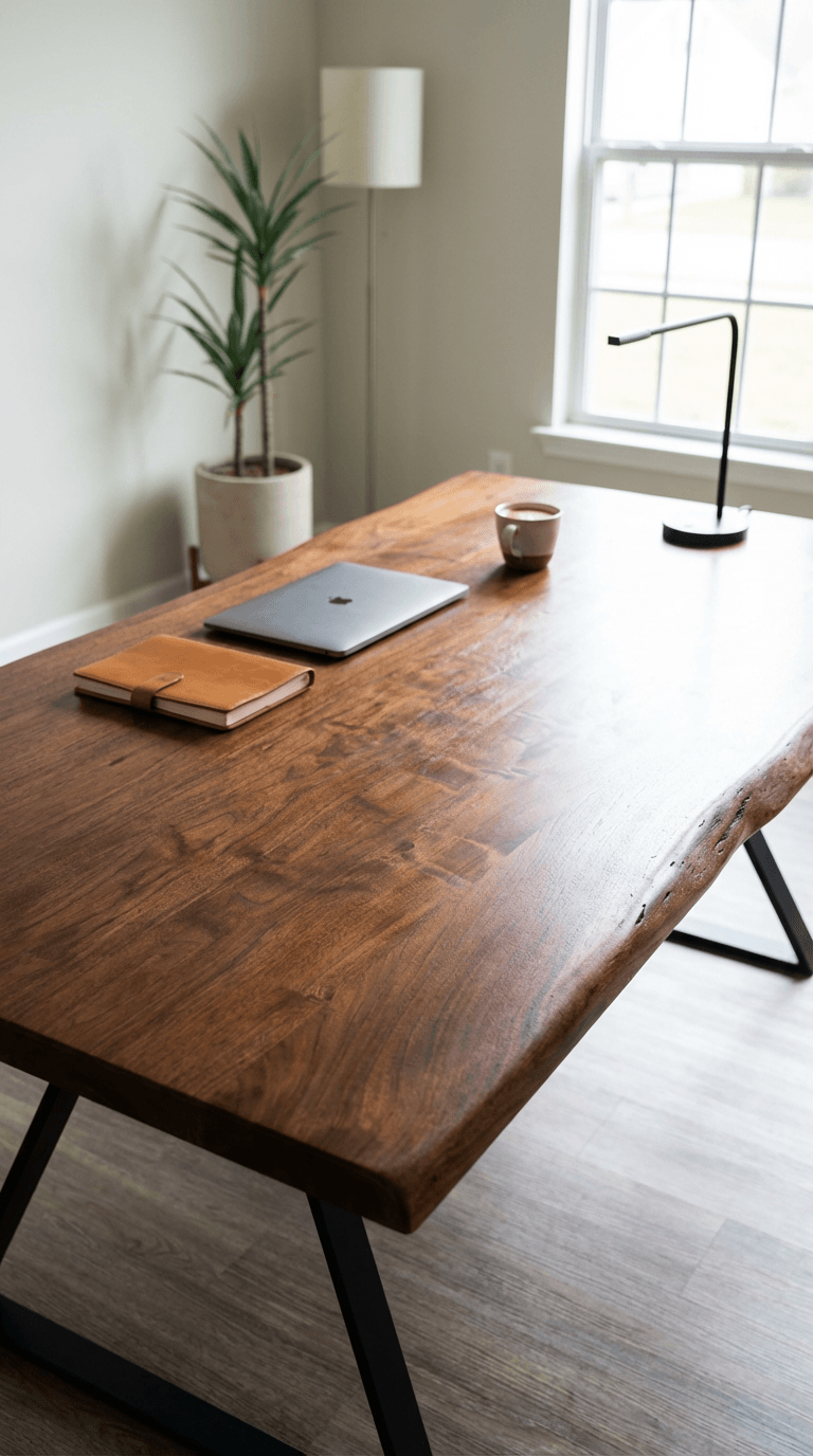 A wooden desk with a laptop, a notebook, a coffee mug, a black desk lamp, a potted plant, a floor lamp, and a window in the background.