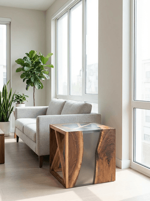Modern living room with a gray sofa, green plants, and a wooden side table in front of large windows.