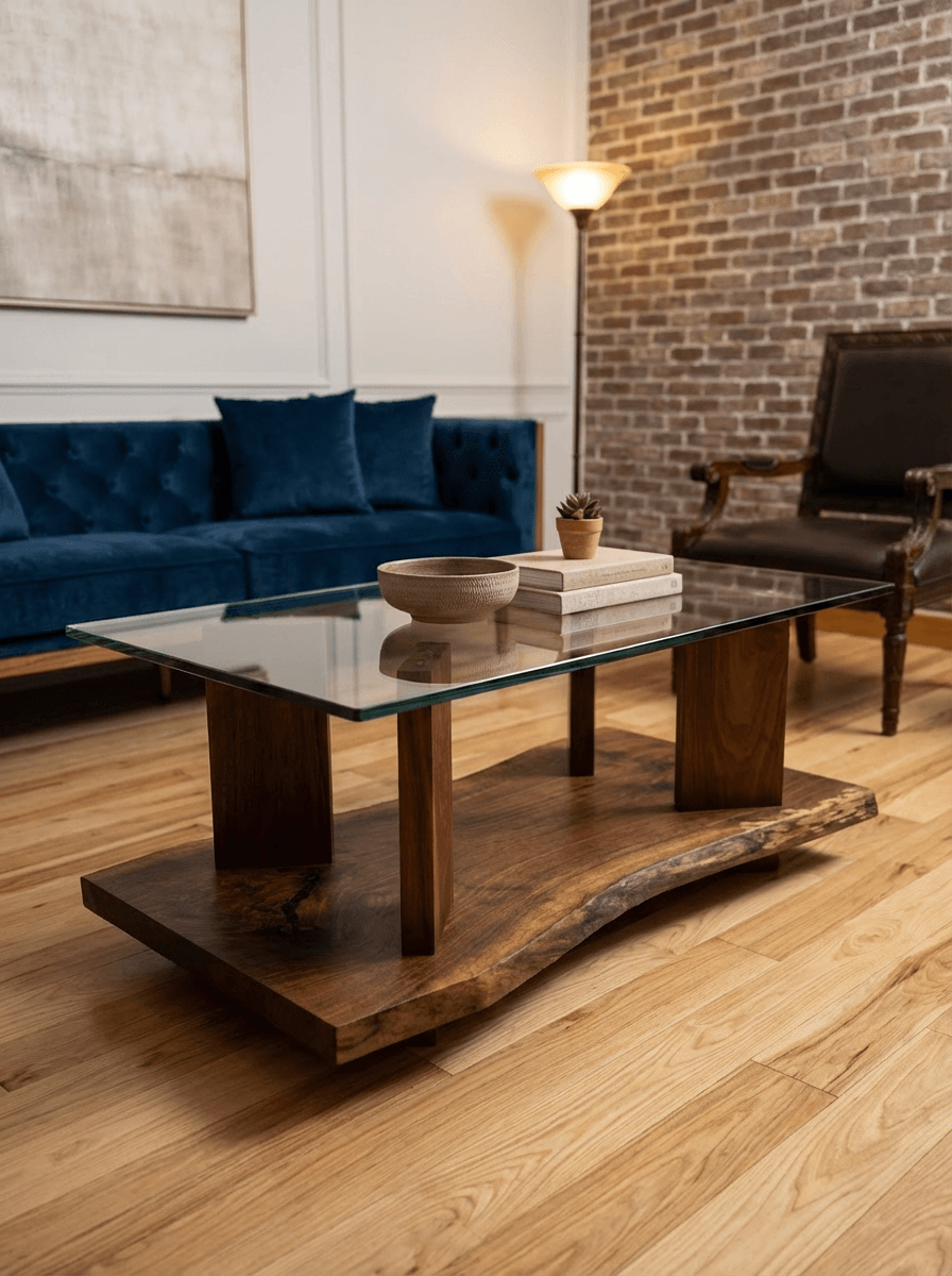 Living room with a wooden and glass coffee table, blue sofa, black armchair, brick wall, and a floor lamp.
