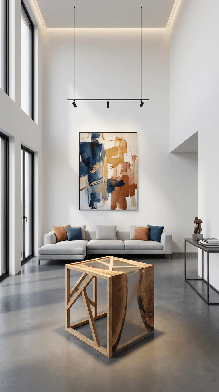 Modern living room with white walls, large abstract painting, gray couch with multicolored pillows, wooden coffee table, and a side table with sculpture and books, lit by natural light from tall windows.