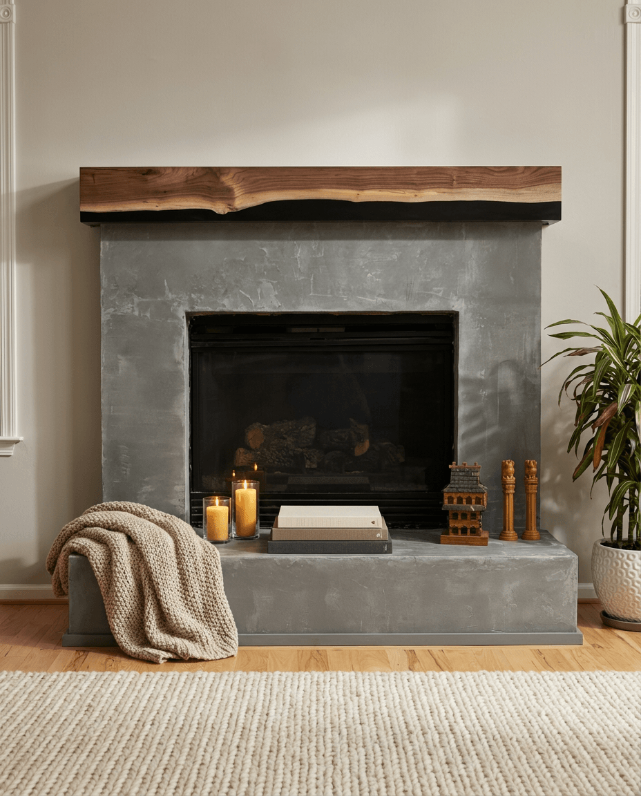 A modern fireplace with a concrete surround, topped with a wooden mantel. Candles and decorative objects are placed on the hearth, and a knit blanket is draped over a bench in front. A potted plant is on the right side.