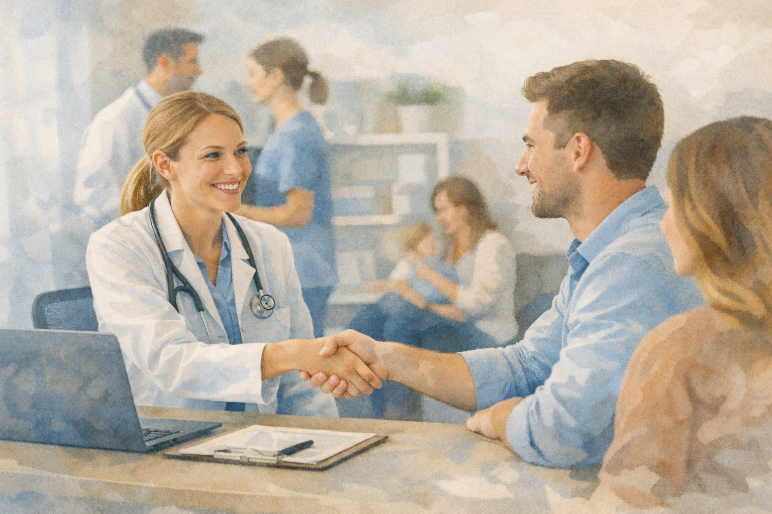 Ärztin begrüsst neuen Patienten per Handschlag am Empfang – Patientengewinnung und Vertrauen in der Arztpraxis