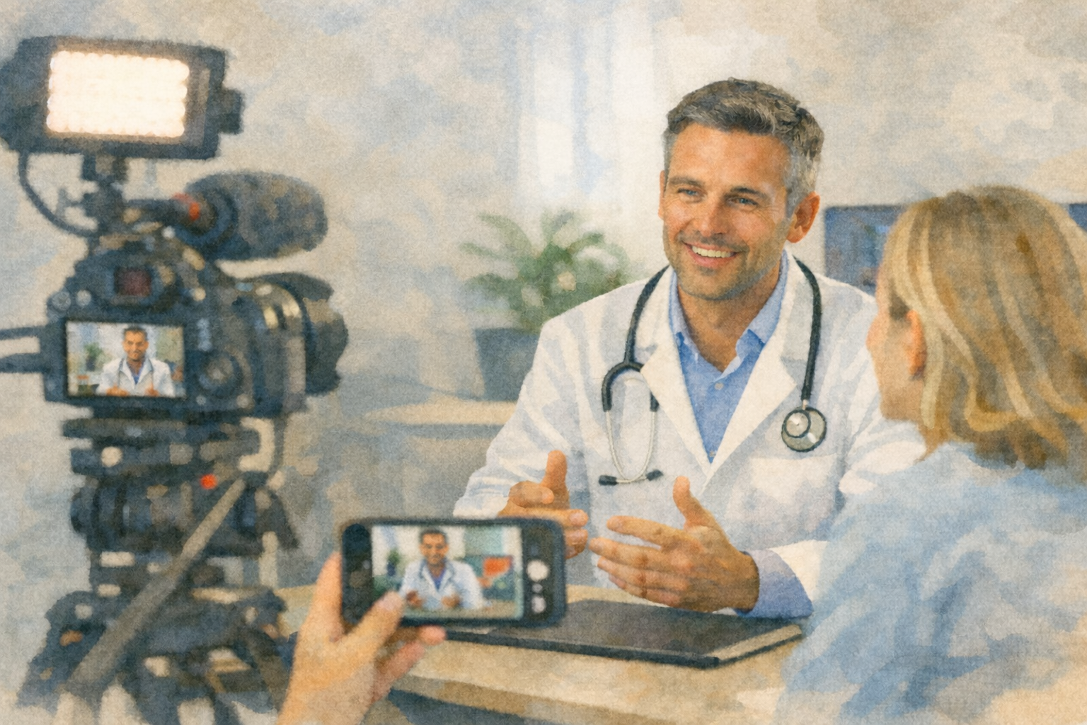 Arzt wird bei Videodreh für Social Media mit Kamera und Smartphone interviewt – Videocontent für Arztpraxen in Deutschland
