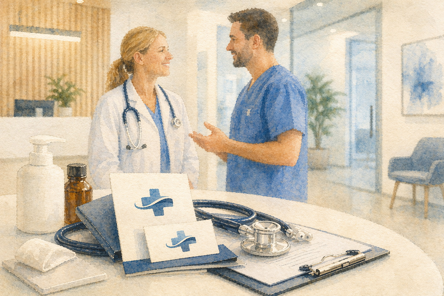 Ärztin und Arzt besprechen Corporate Design und Logo ihrer Praxis – Branding für Arzt- und Therapiepraxen in Deutschland